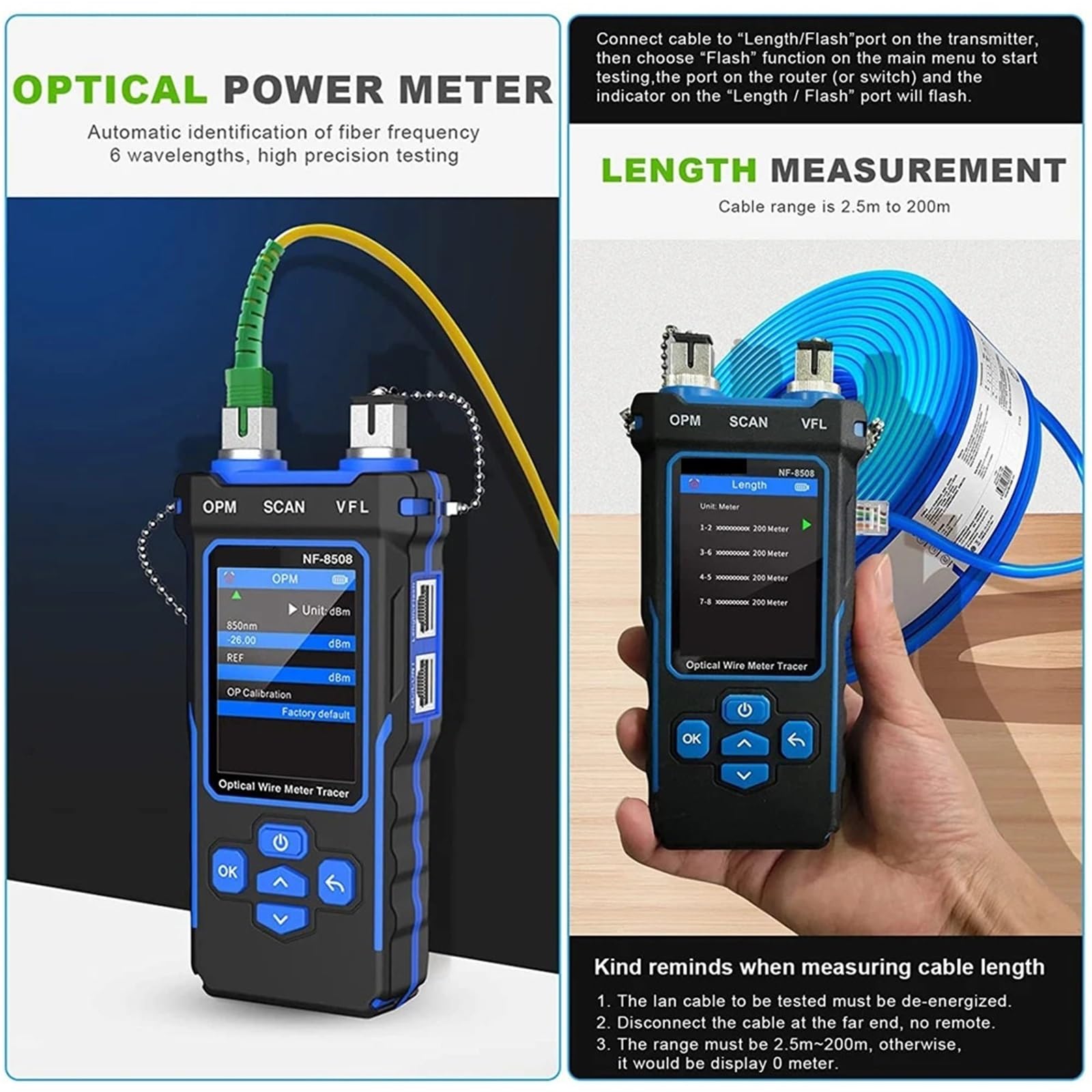 Tester per cavi di rete, Tester Per Cavi Di Rete, Monitor Con Display LCD, Strumenti, Misurazione Della Lunghezza, Mappatura, Misuratore Potenza Ottica PoE