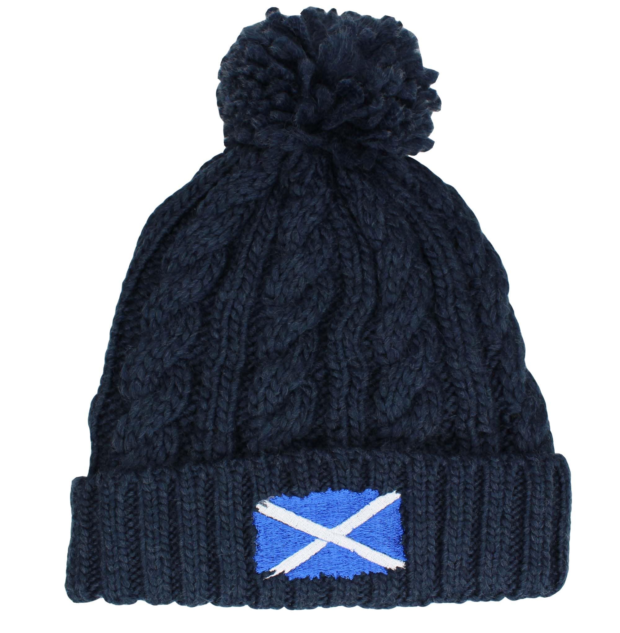 Teddyt's Men's Navy Blue Scotland Flag Embroidered Knitted Bobble Hat
