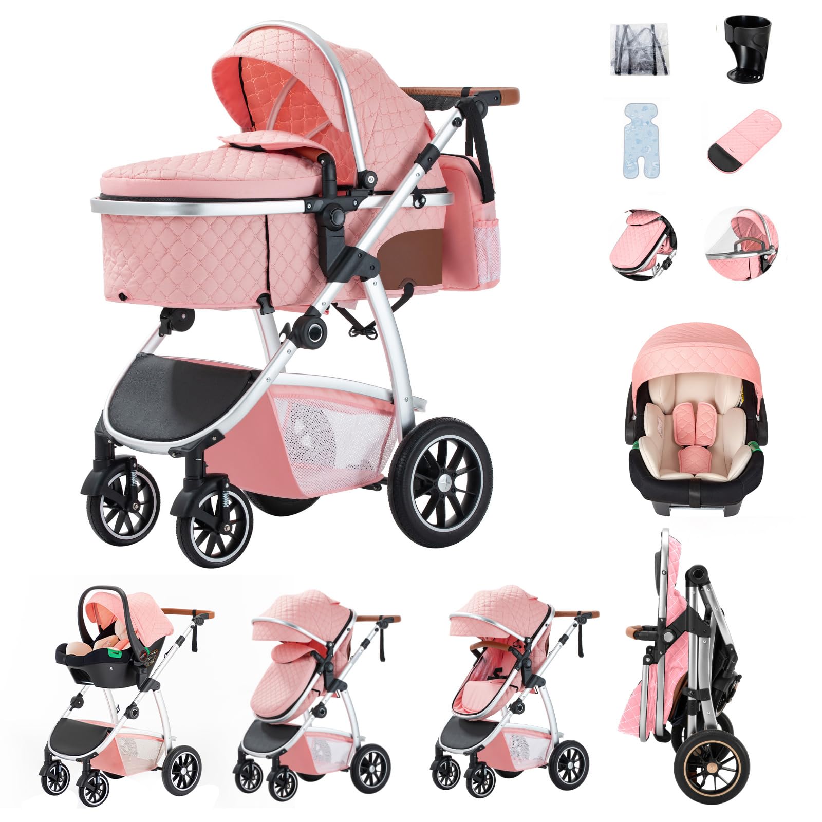 Zkiprm Cochecito 3 en 1,con asiento de coche, cochecito y Plegable | Apoyabrazos ajustables, protección contra golpes, marco de aluminio ,0 a 4 años