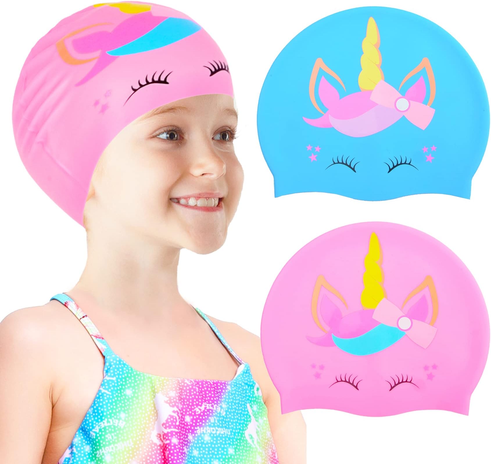 2 pcs Kids Swim Cap Silicone Swimming Cap for Boys Girls (Age 3-12) Cover Ears Waterproof Bathing Cap Keep Hair Dry Swimming Hat for Hair
