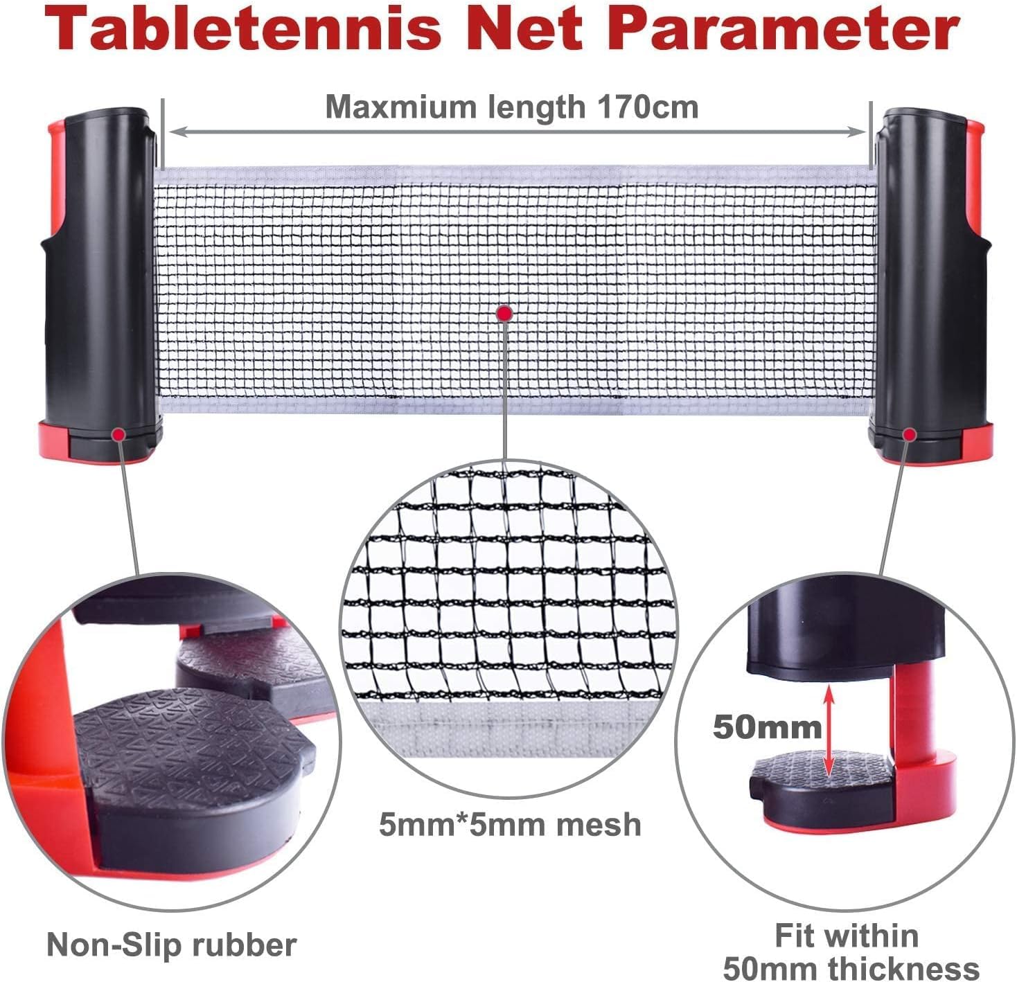Red de ping pong retráctil portátil Sportout para mesa de ping pong, escritorio, cocina o comedor, negro/rojo