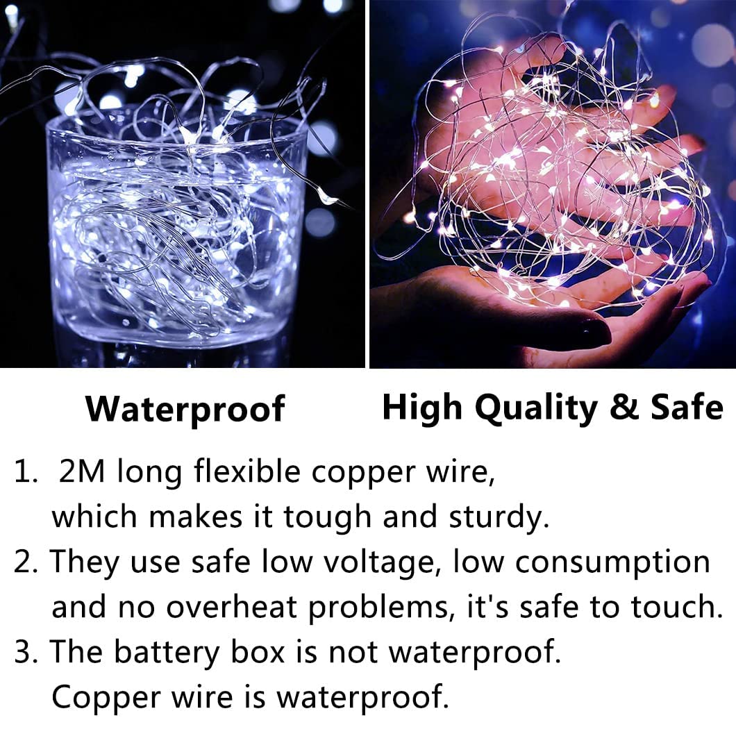 Confezione da 12 lucine luminose a batteria, 20 LED, impermeabili, in filo argentato, per esterni, per camera da letto, feste, compleanni, matrimoni, decorazioni per interni.