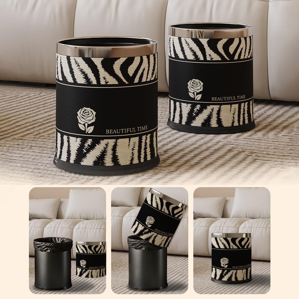 Papelera de doble capa, papelera de oficina con tapa abierta, papelera metálica con tapa de cuero, bolsa de basura oculta.(10L)