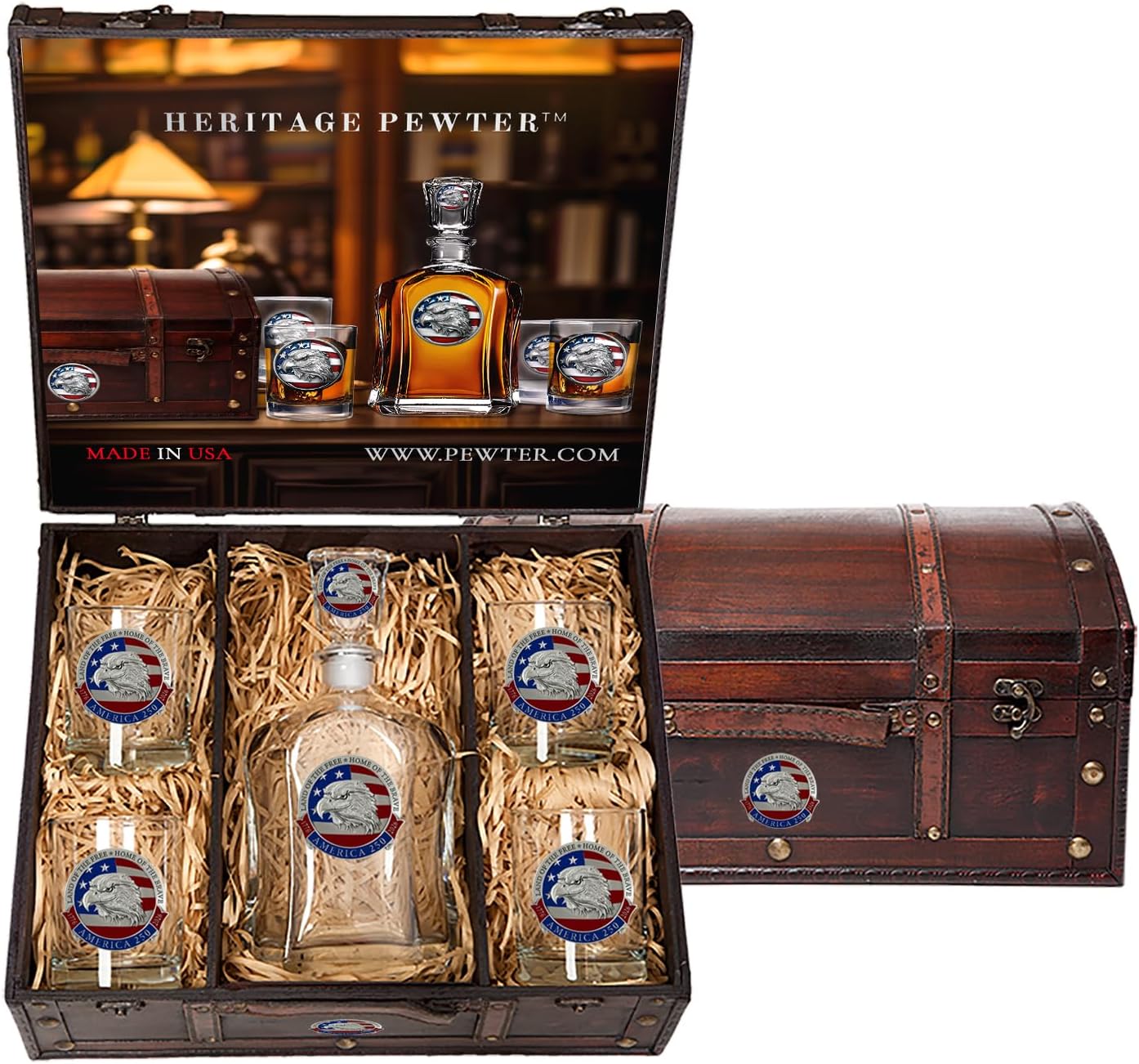 America's 250th Anniversary Eagle Head with Flag Capitol Decanter Chest Set | 24 OZ Liquor Pourer with 4 Double Old-Fashioned Glasses | Expertly Crafted Pewter Glass