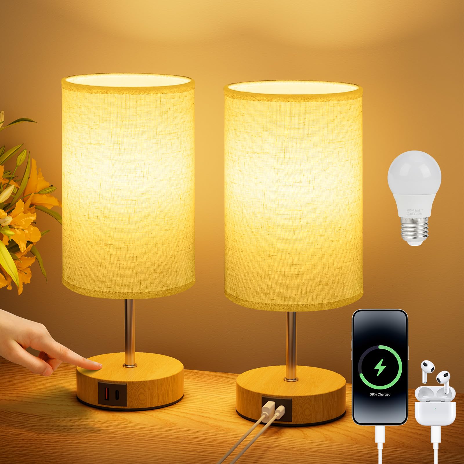 Suright Bedside Lamps Set of 2, Touch Lamps Bedside with USB A+C Charging Ports, 3-Way Dimmable Table Lamp, Small Lamp for Bedroom Living Room Kids Room with Linen Fabric Shade (LED Bulb Included)