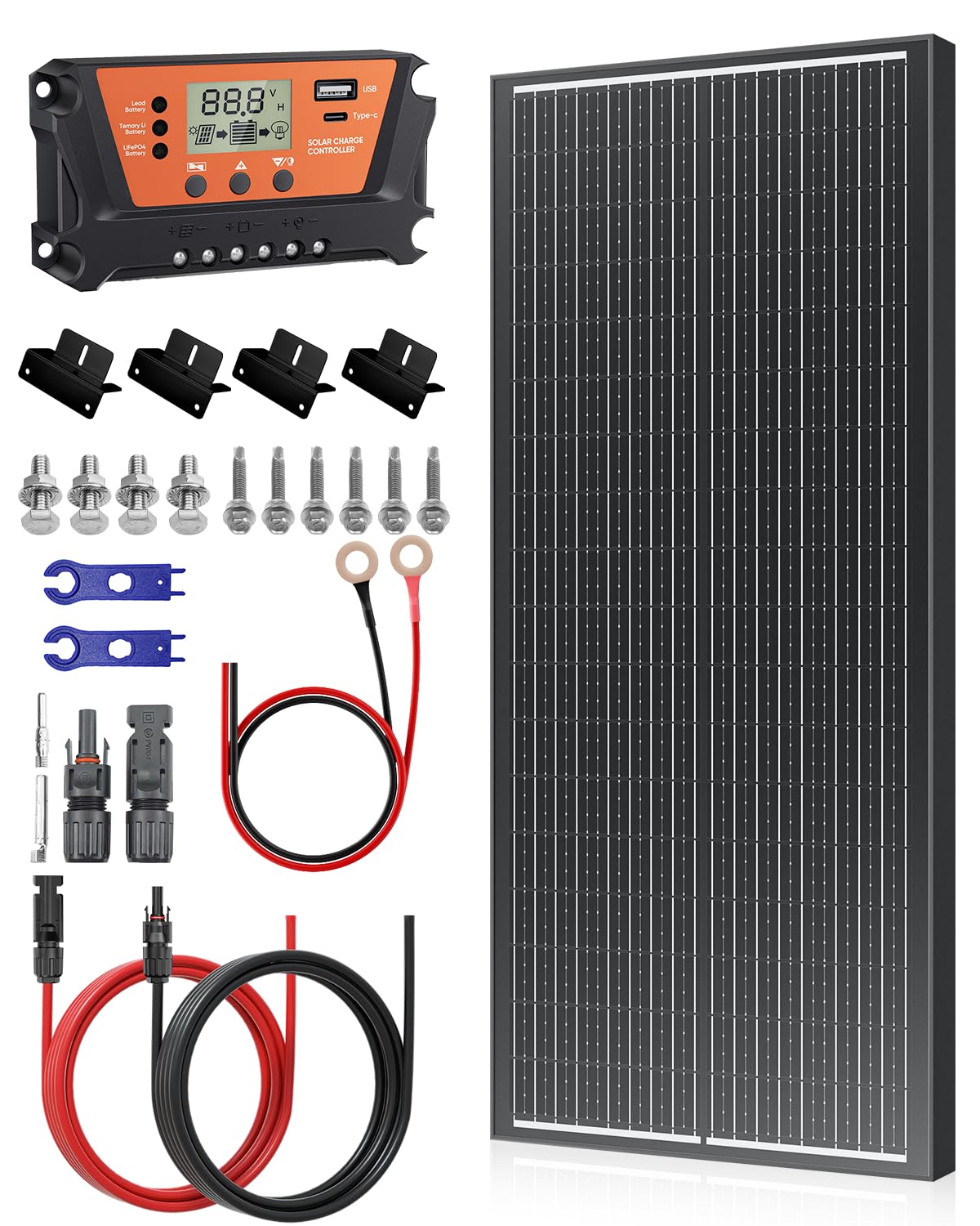 100 Watt 12V Solar Panel Kit with 30A PWM Charger Controller, 10AWG Solar Cable & Tray Cable, Z Brackets for RV, Battery, Boat, Camper, Cabin, Off-Grid System (100W Solar Panel Kit)