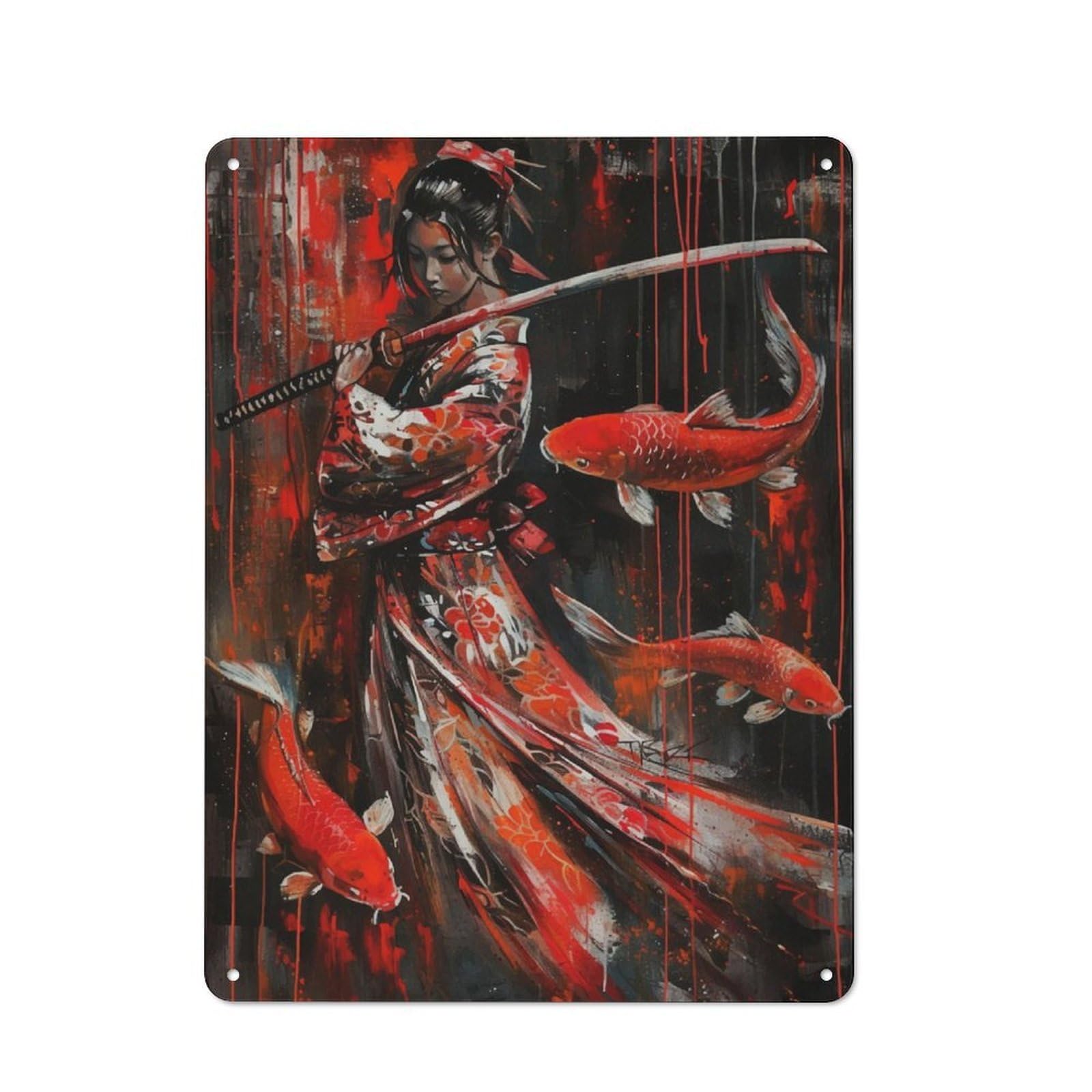 Junmoney Geisha Japanese Fish Koi Retro Metal Wall Sign 40X30cm With For Bar Or Restaurant, Gift Idea For A New Home And Metal Sign Collection