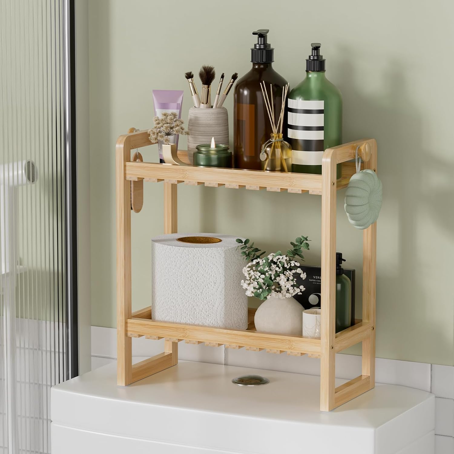Zollyss 2-Tier Bathroom Counter Organiser, Natural Finish, 32.4 x 19.5 x 35 cm, Space-Saving Storage Shelf