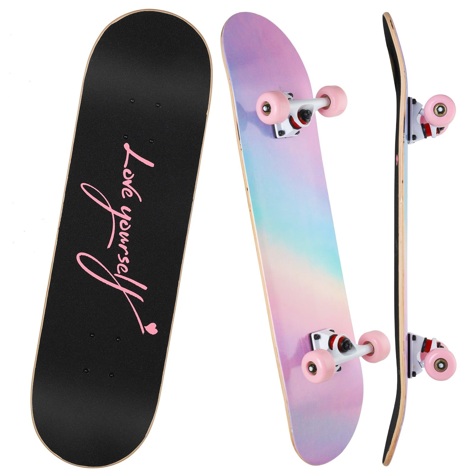 Skateboard Adolescente Ragazza Bambino Adulto Principianti 7 Strati in Legno d'acero Vassoio 80 x 20cm Portare Borsa Skateboard - Polvere arcobaleno