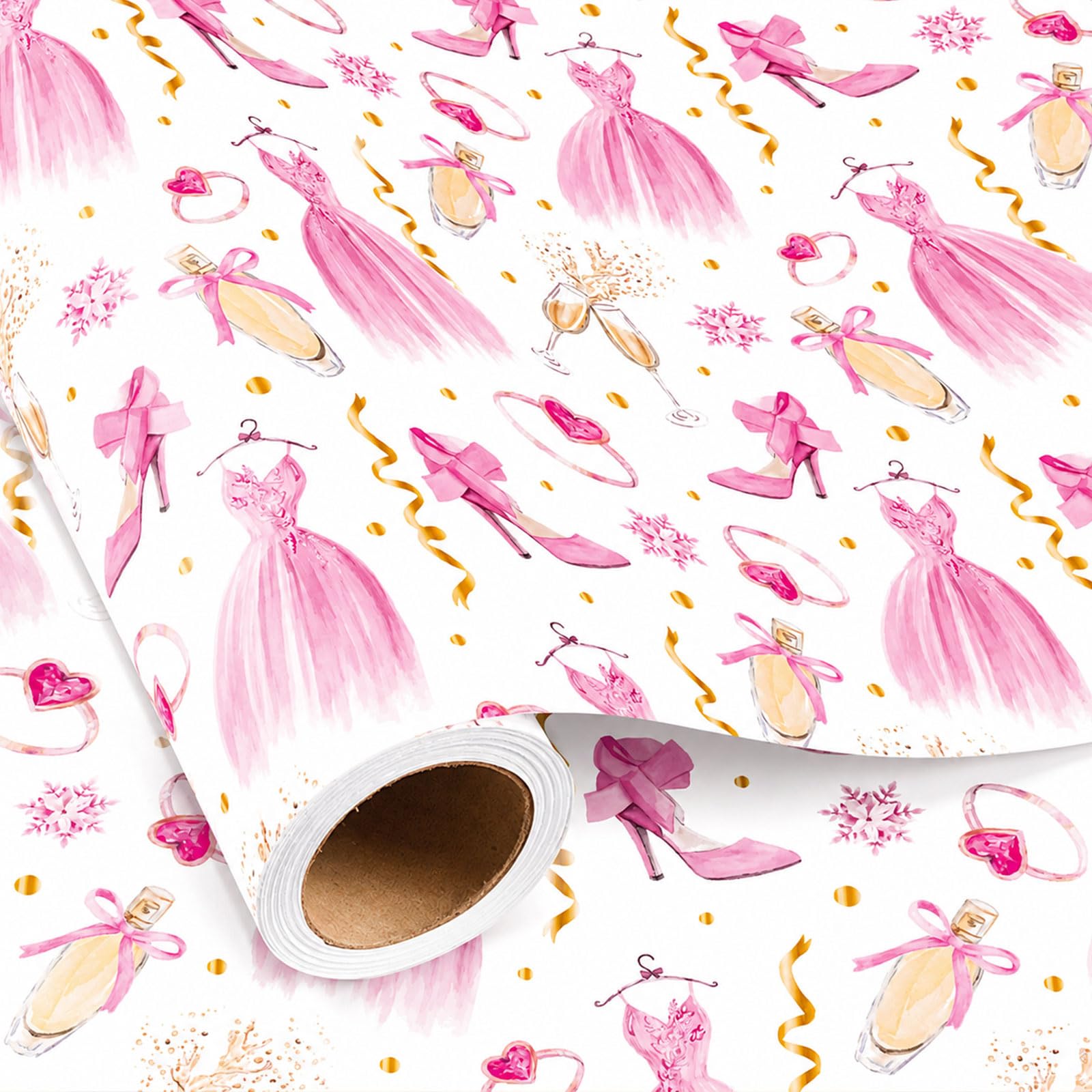 Burymento Wedding Wrapping Paper, Pink Gift Wrapping Paper for Girls, Elegant Dress & High Heel Champagne Gift Wrap for Bridal Shower, Birthday, Bachelorette, Bride to Be (Mini Roll, 17 In x 16.4 Ft)