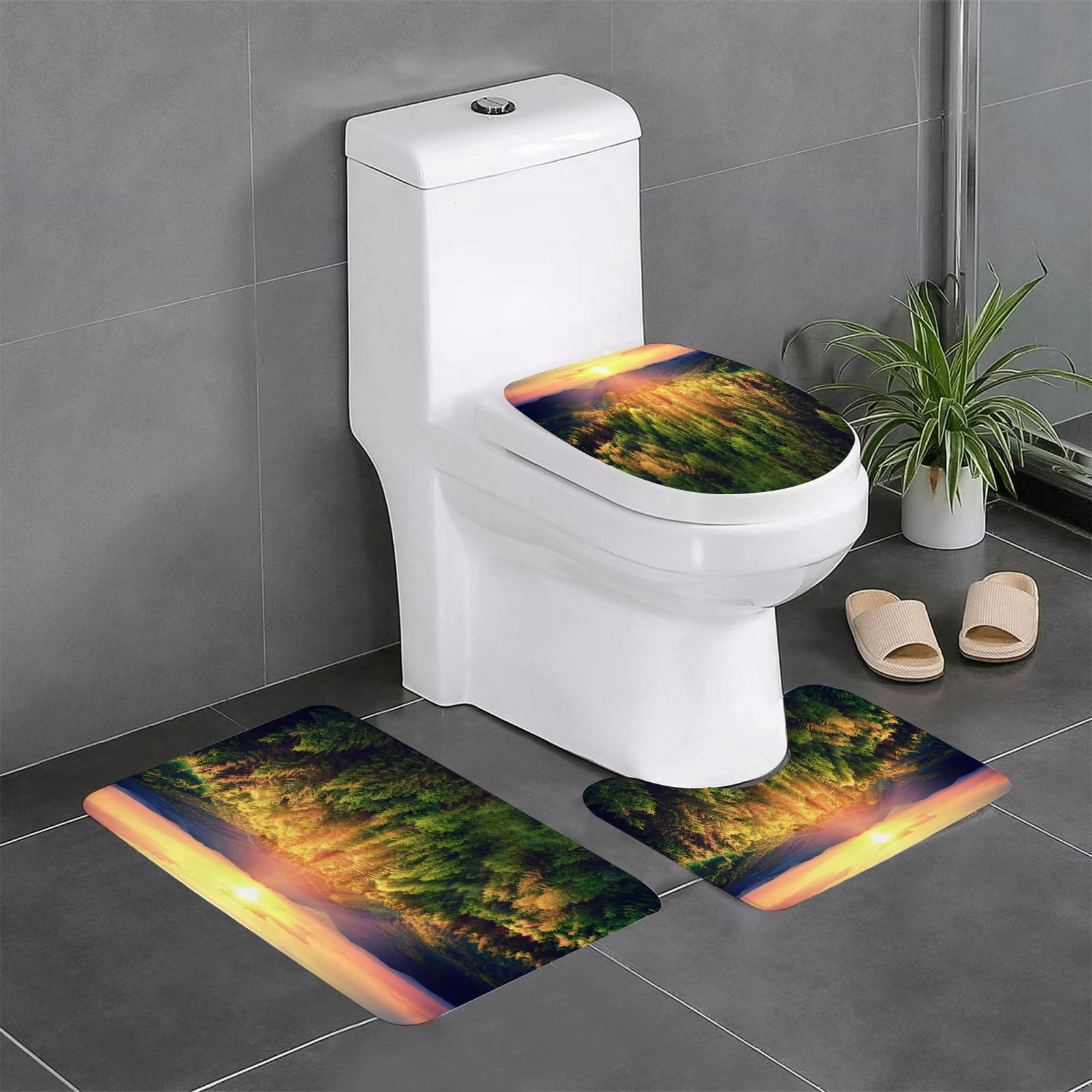Set di 3 tappetini da Bagno, Lavabili in Lavatrice e Antiscivolo, in Morbida Fibra Superfine, con Motivo Alba e Natura.
