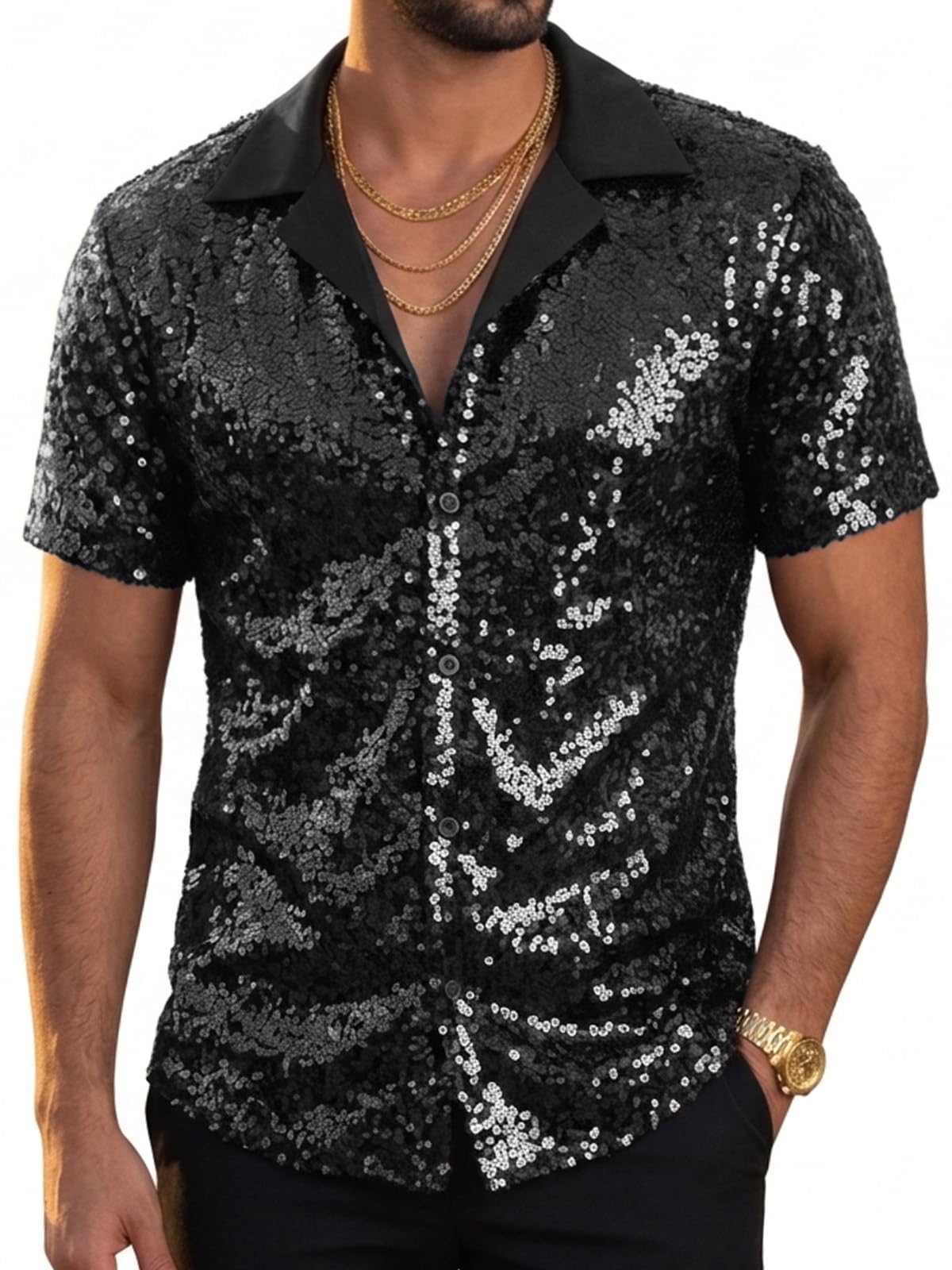 HAWILAND Glitzer Hemd Herren Kurzarm 70er Jahre Disco Party Pailletten Oberteil Festival Rave Shirt Clubwear