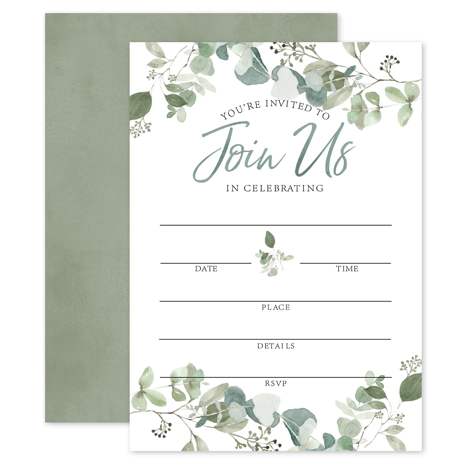 Whaline 25 Sets Greenery Invitation Cards with Envelopes Stickers Green Eucalyptus Leaves Invites for Spring Wedding Bridal Shower Birthday, 5 x 7
