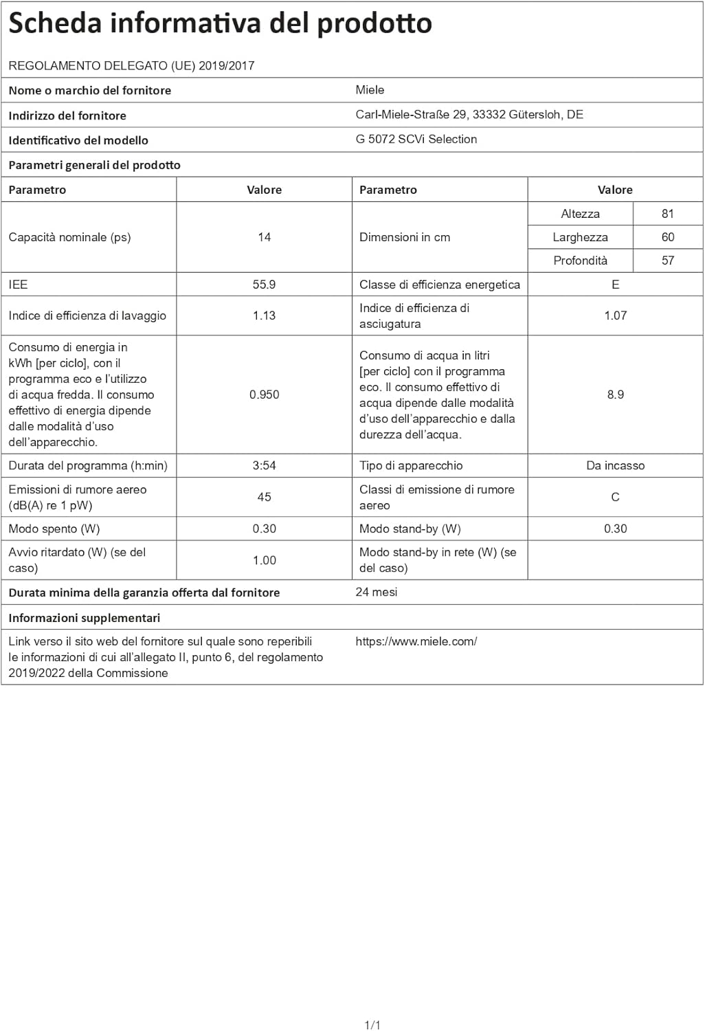 Miele G 5072 SCVI, Lavastoviglie Incasso, E, 14 Coperti, 45 db, 5 Programmi, Automatic [Classe di efficienza energetica E]
