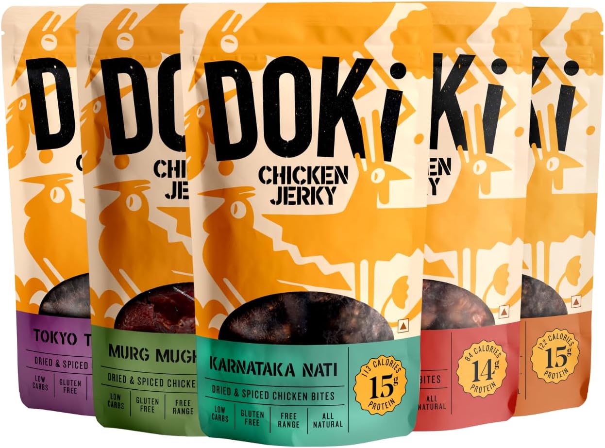 DOKi Chicken Jerky for Humans (5 Flavours) (High Protein, Low Calorie, All-Natural, Gluten Free, Ready-to-eat meat))