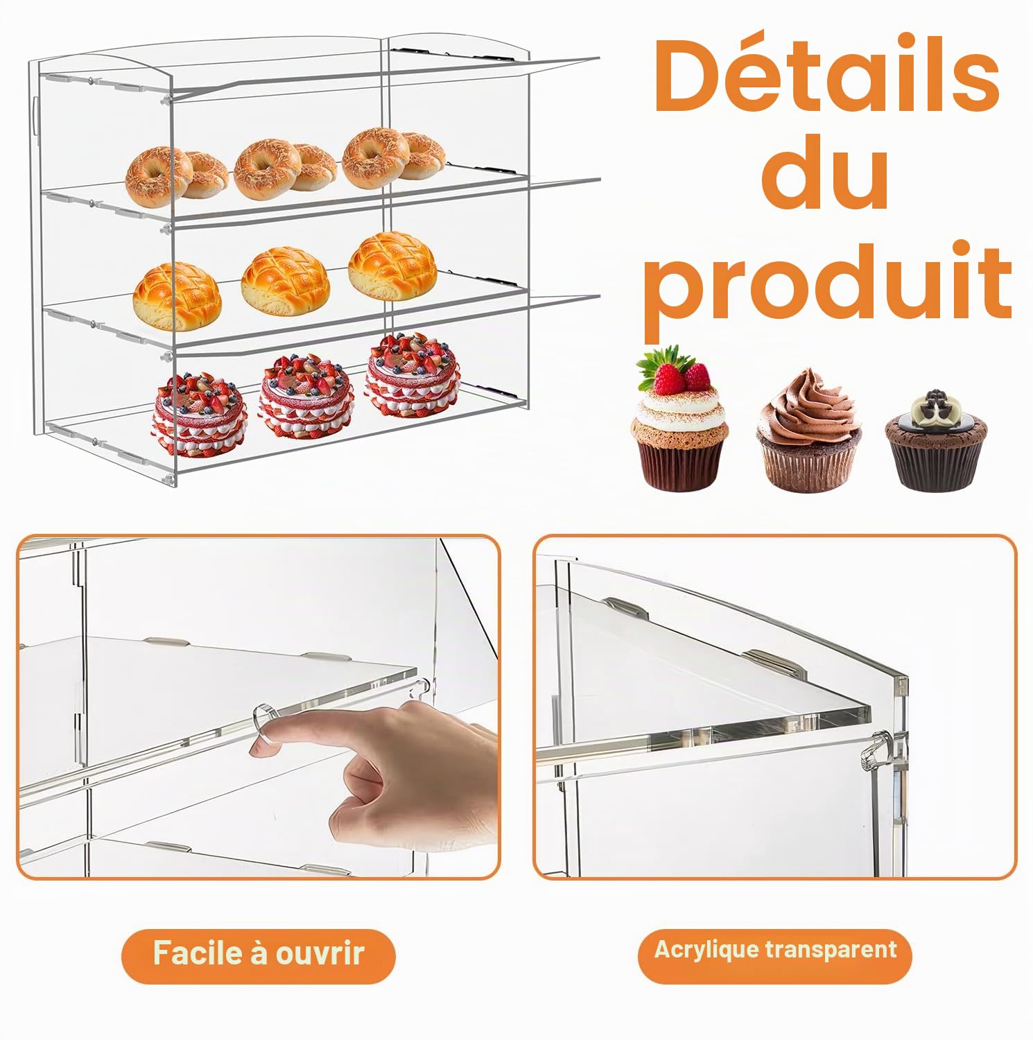 Vitrine en acrylique pour boulangerie, vitrine de pâtisserie, armoire à pain transparent à 3 animaux, support en acrylique pour pain, biscuits, beignets, cupcakes pour fête, événement
