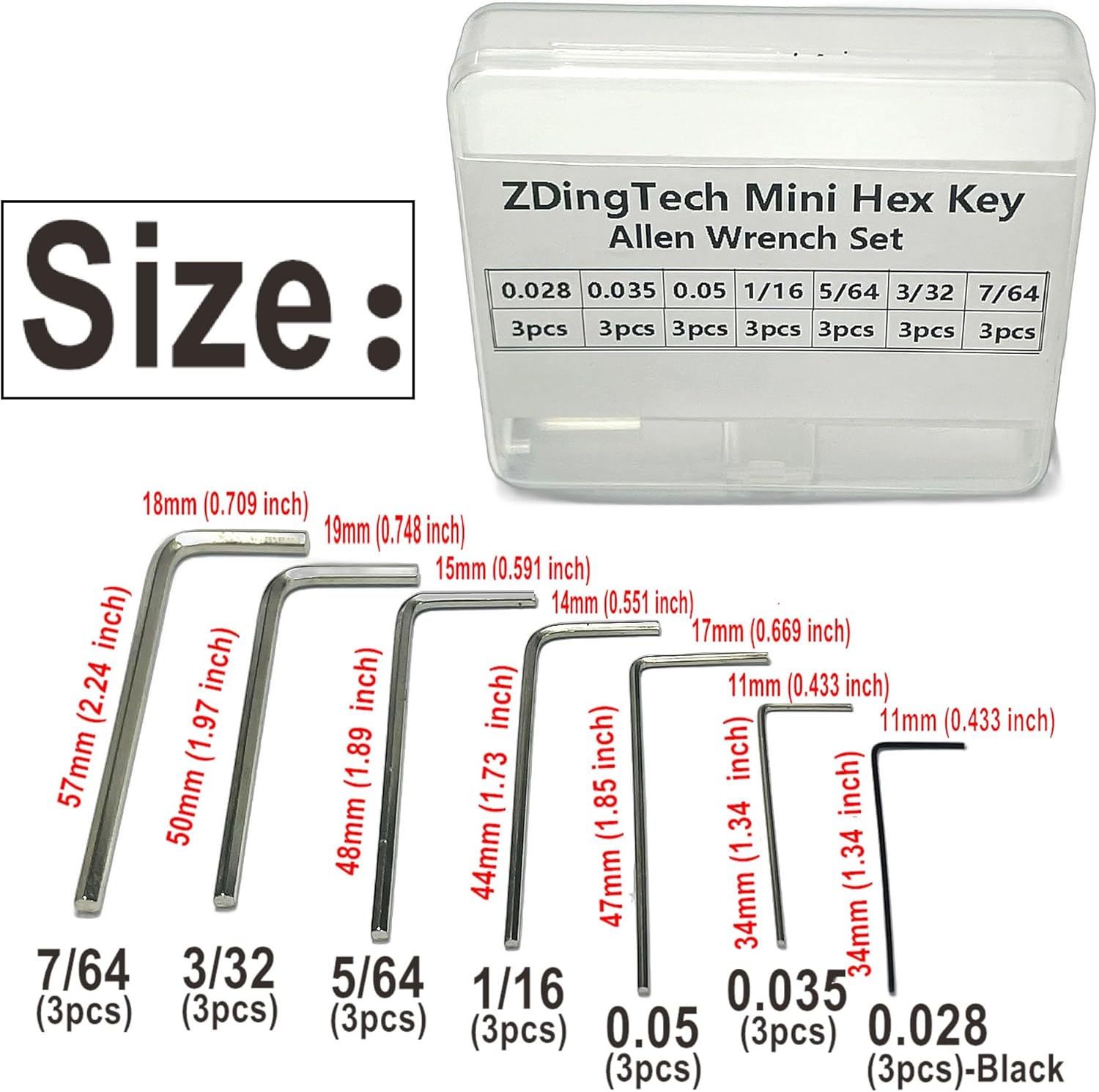 21pcs Mini Hex Key Set,Mini Hex Wrench sets Tool Kit Silver,Imperial L Shape Micro Allen Wrench, 0.028, 0.035, 0.05, 1/16", 5/64", 3/32", 7/64", Each 3 Set.