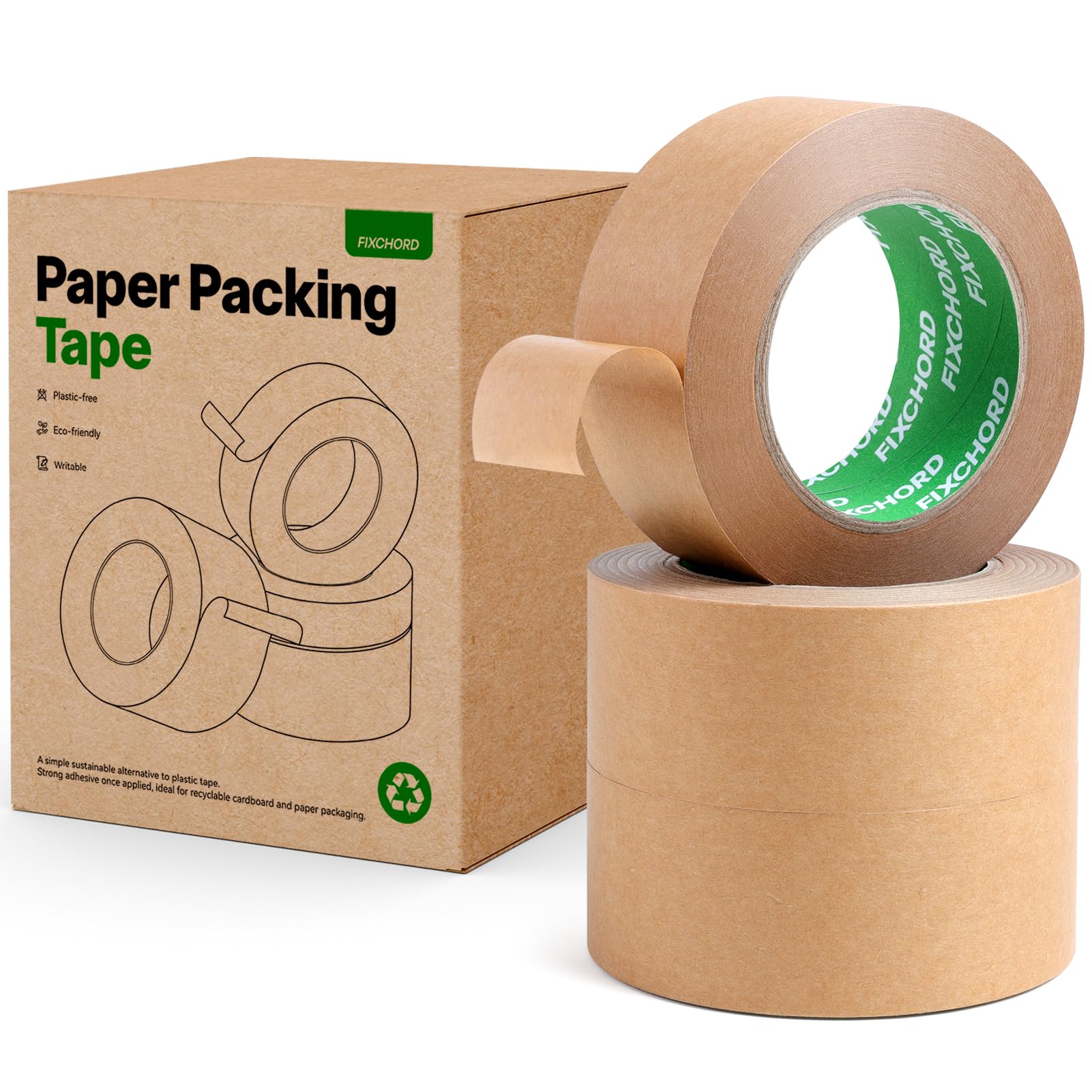 FIXCHORD Kraft Paper Packing Tape 48mm x 50m | Eco Friendly & Recyclable Strong Brown Paper Tape | Writable & Waterproof | Paper Packaging Tape for Packing Parcels and Boxes, Moving House | 3 Rolls
