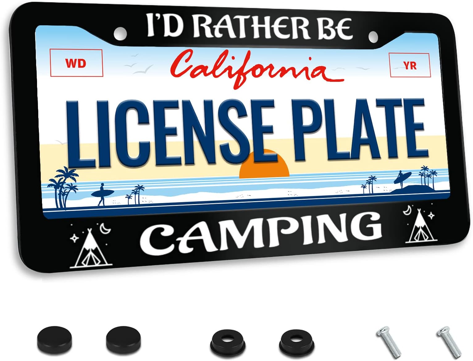 I'd Rather Be Camping License Plate Frame Funny License Plate Frames for Car Decorative Parts Stainless Steel License Plate for Standard Us Canada License Plate Holder Unisex 12x6 Inch