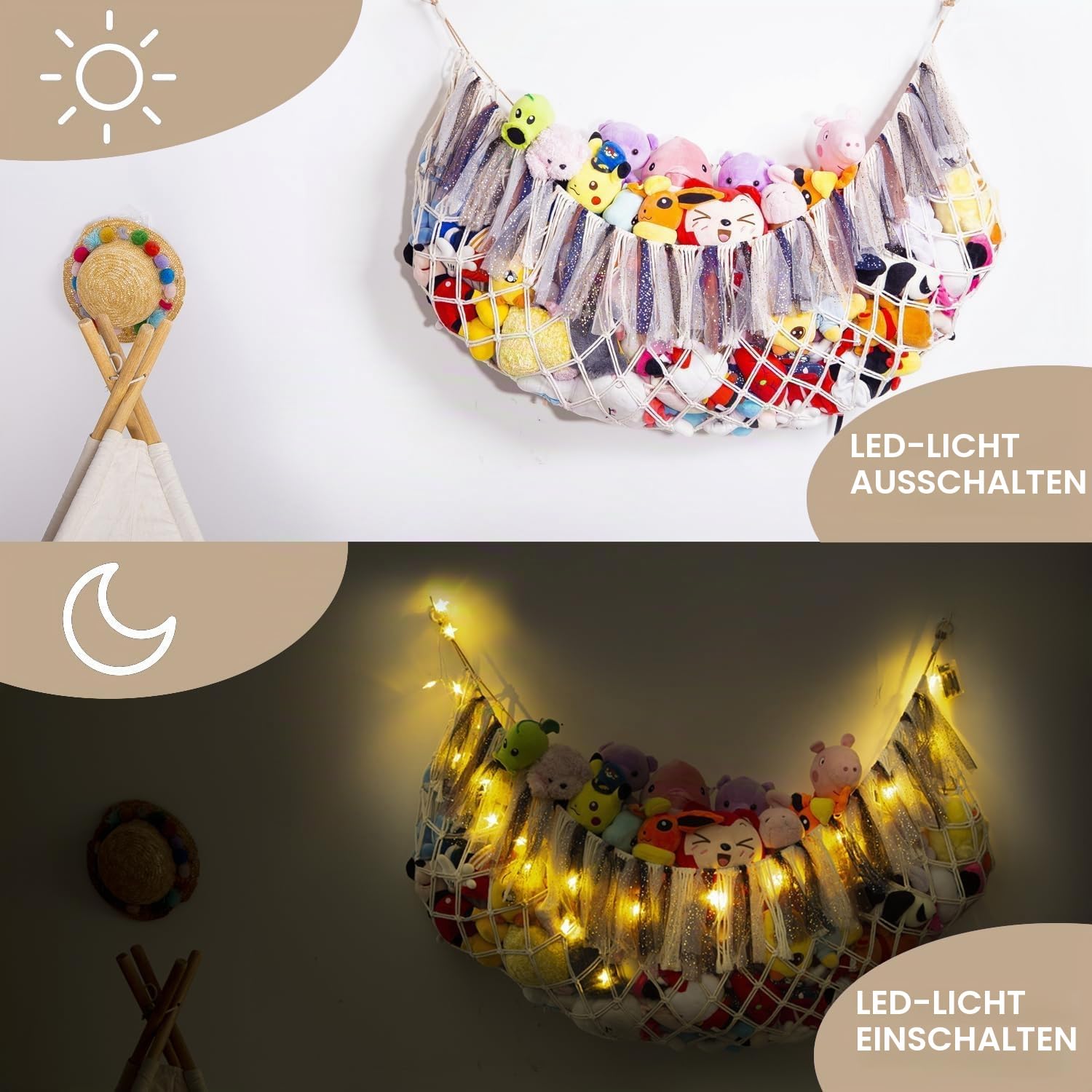 Großes Makramee-Plüschtier-Netz oder Hängematte Großes Plüschtiernetz oder Hängematte mit LED-Licht. Teddybär-Aufbewahrung. Wandhängendes Spielzeugnetz für Plüschtiere
