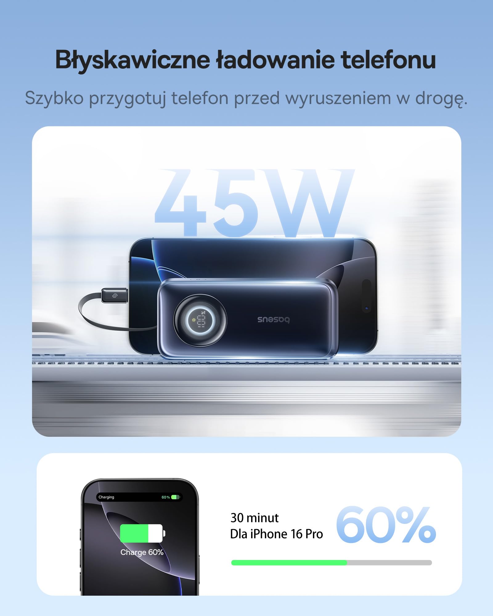 Powerbank Baseus EnerCore 10000 mAh 45 W z chowanym kablem USB-C o długości 60 cm, maksymalna moc z 1x USB-C, kompatybilny z urządzeniami iPhone 16/15 Series, iPad, MacBook, Galaxy, AirPods
