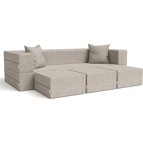 Jaxx Zipline Convertible Sleeper Sofa & Three Ottomans/California King-Size Bed, Dove Grey