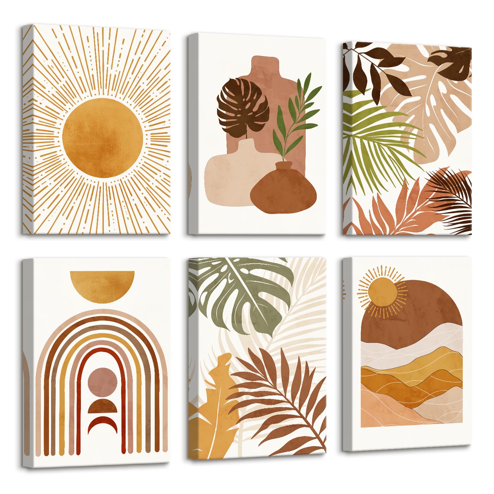 6 Pcs Wooden Framed Canvas Wall Art Set Tropical Palm Leaves Canvas Prints Mid Century Painting Poster Terracotta Sun Moon Desert Mountain Pictures for Living Room Bedroom Wall Decor 20x30 cm x6 — image 1