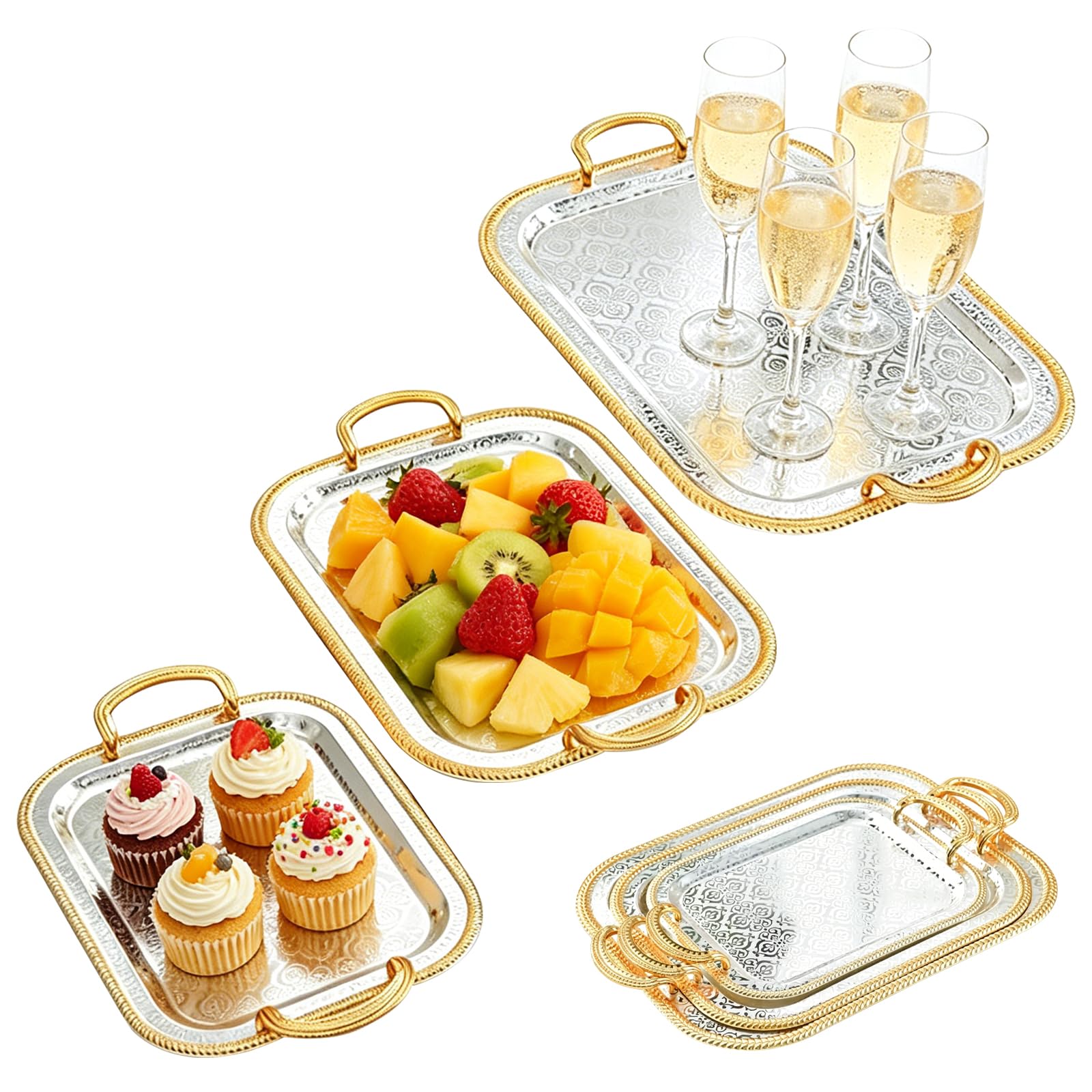Bandeja Rectangular de Acero Inoxidable, 3 Piezas Bandeja para Servir Alimentos Fuente De Servir con Asas Plato De Comida para Fiesta Camping Barbacoa Compromiso Servicio Decorativo