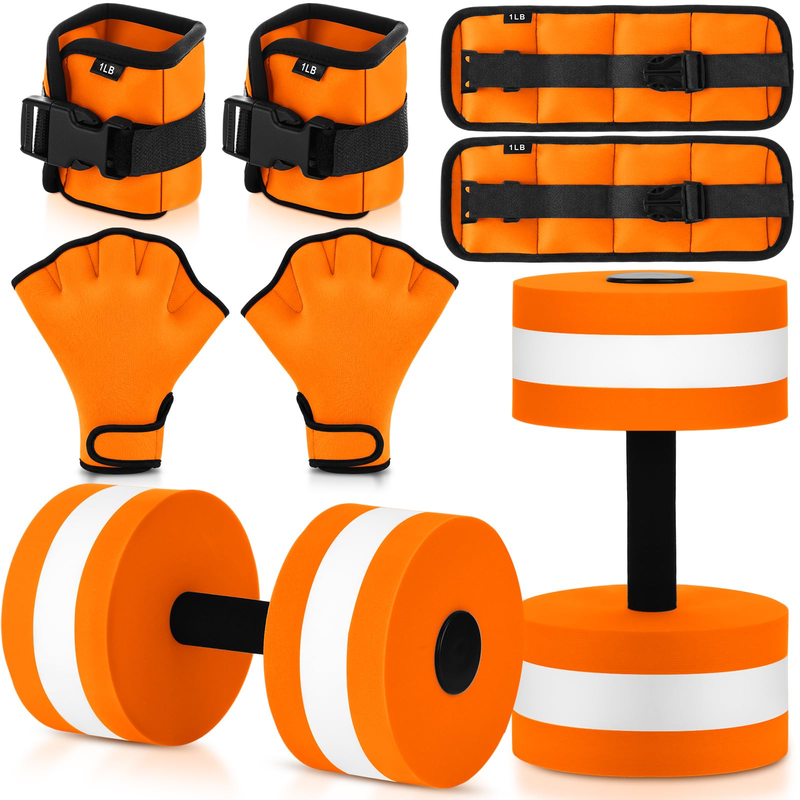 Hollowfly Ensemble de 6 équipements d'aérobic aquatique pour piscine - 2 haltères aquatiques, 2 poids réglables pour cheville/poignet, 2 gants de natation palmés, équipement d'entraînement aquatique à