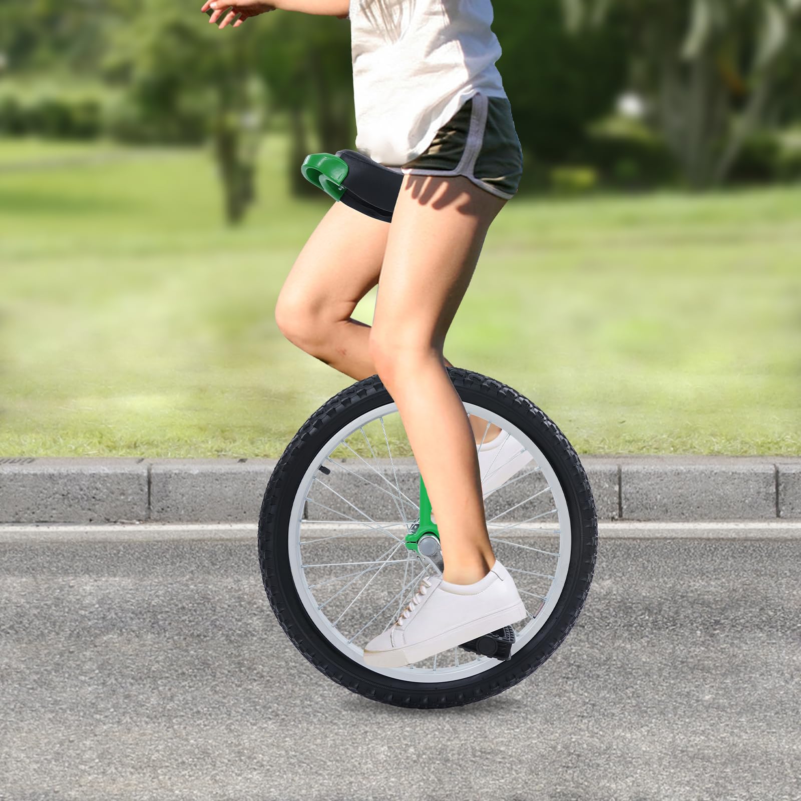 Monociclo de 20 pulgadas en verde para adultos y jóvenes, robusto Unicycle con absorción de impactos y asiento de una rueda ajustable en altura para entrenamiento de equilibrio y tiempo