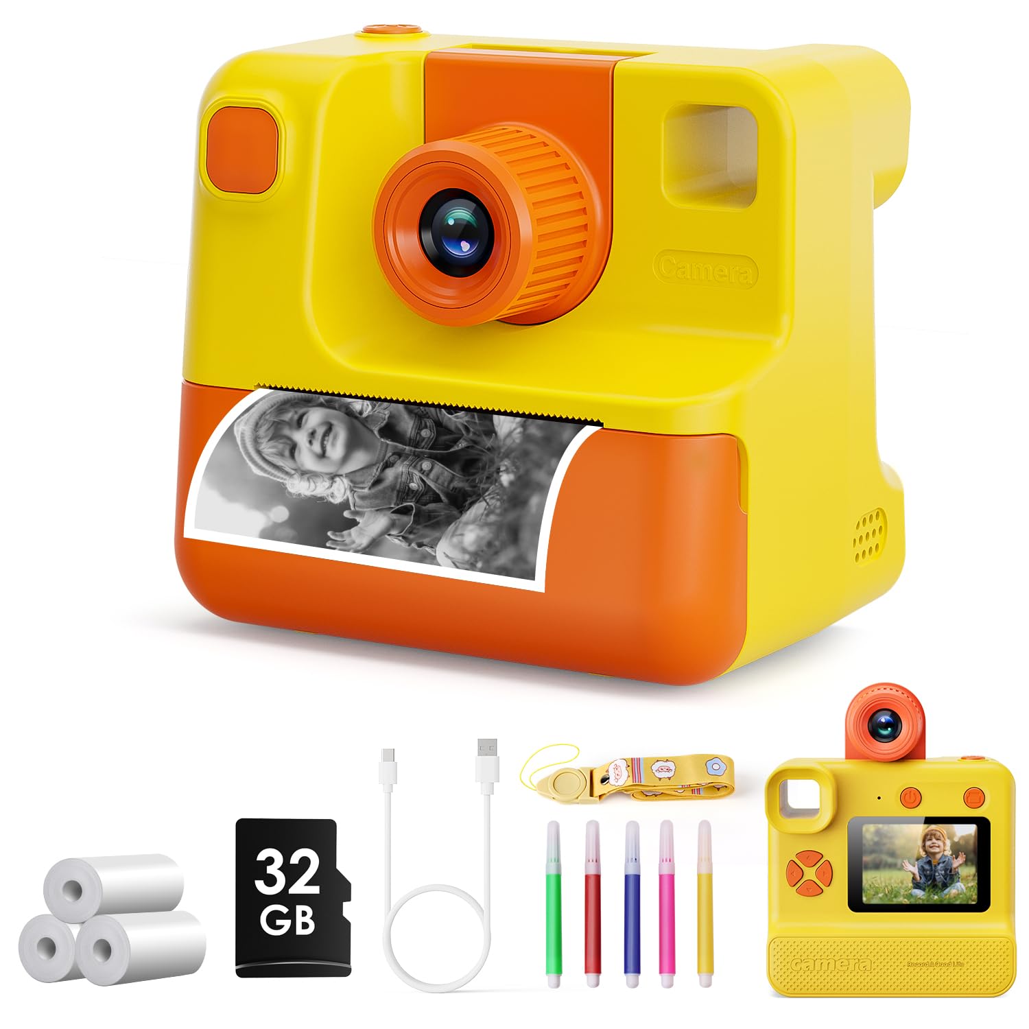 Macchina Fotografica Bambini Istantanea,1080P HD Fotocamera Istantanea Bambini con 32GB Scheda SD & 5 Penne Colorat, Fotocamera Digitali per Bambino,Regalo per 3 ai 10 Anni (yellow)
