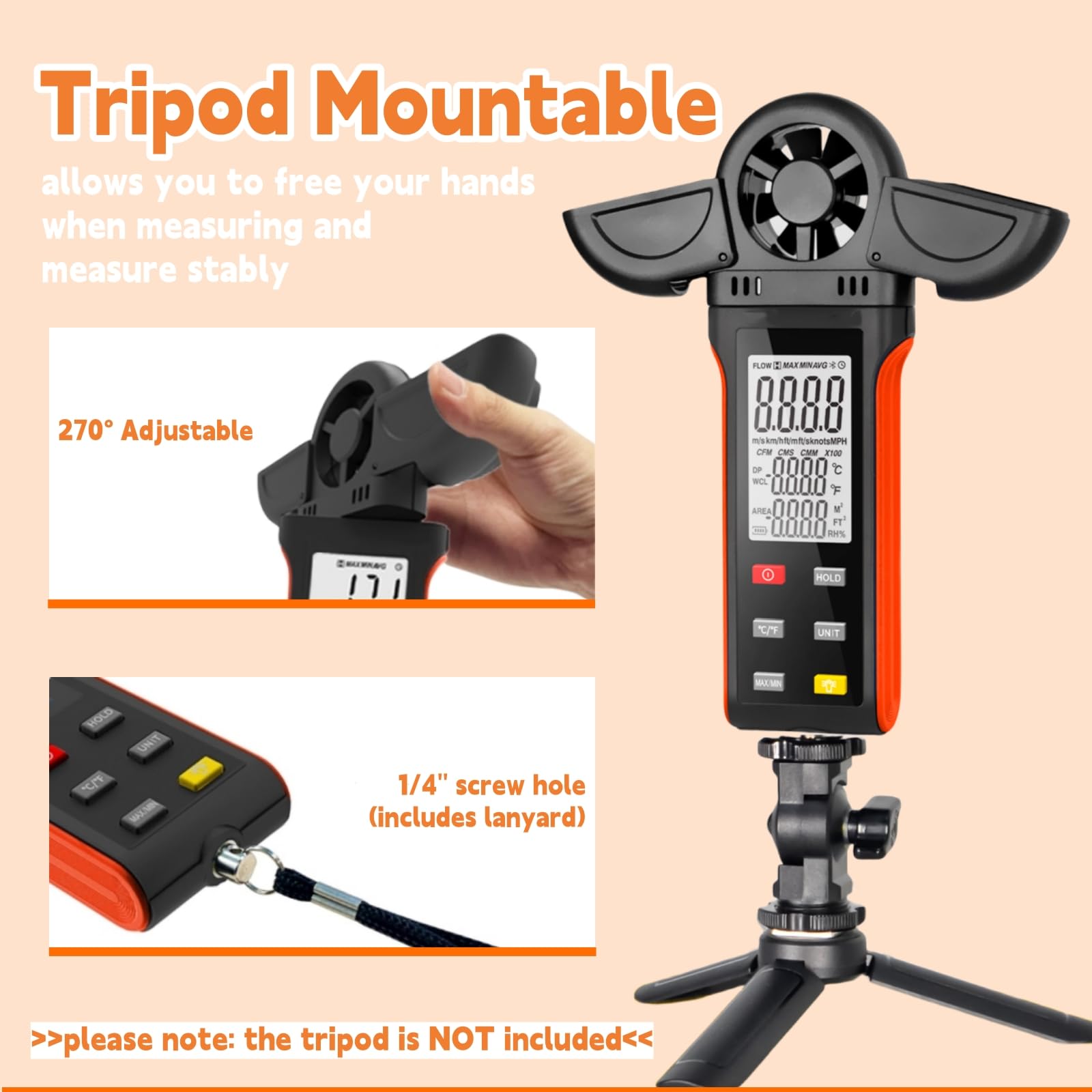 Anémomètre numérique WapoRich - Mesure de l'humidité / de la température / de la vitesse du vent avec MAX/MIN/AVG - Pour HVAC, voile, surf, drone - RQ-5000 K