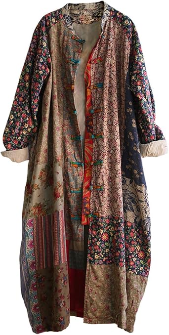 Womens Trench Coat Cotton Linen Floral Print Jacket Chinese Style Patchwork Outwear