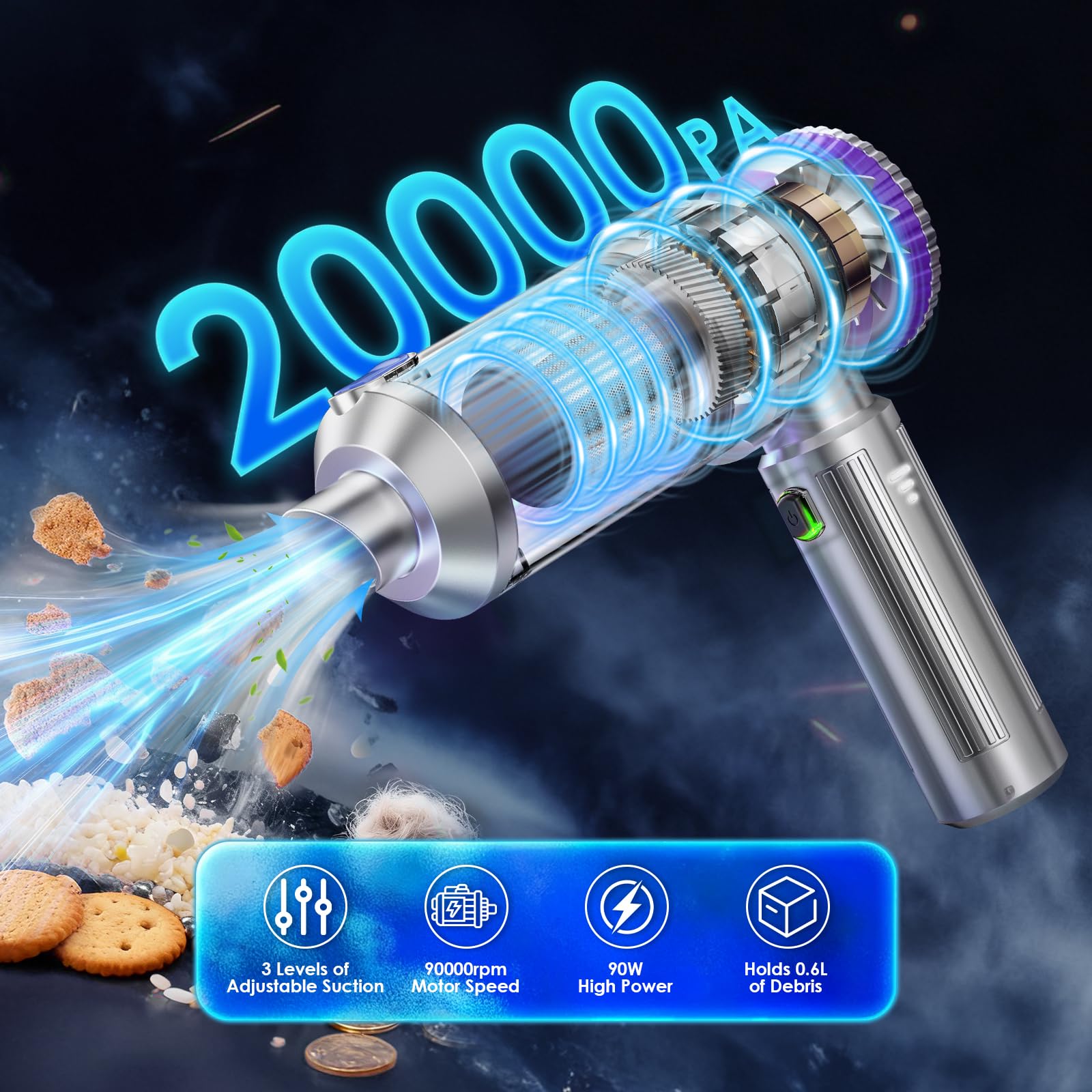 Aspirapolvere portatile senza fili per auto con potente aspirazione da 20.000 Pa, mini aspirapolvere/soffiatore a mano per auto con regolazione a 3 velocità, motore da 90000 giri/min, con ugelli per