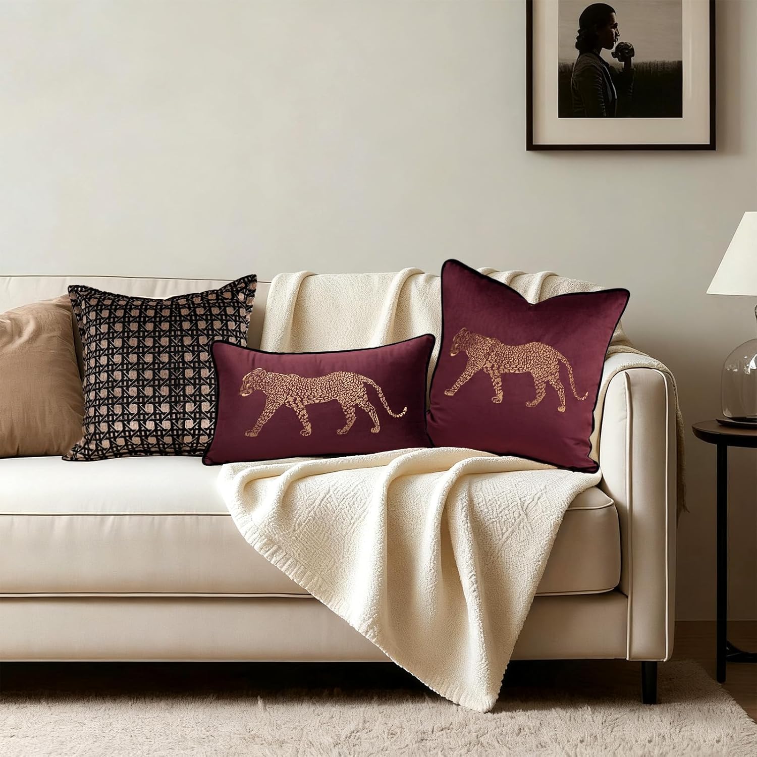 vctops Soft Velvet Embroidery Square Decorative Throw Pillow Covers Leopard Pattern Cushion Case for Sofa Bedroom Couch (Wine Red,18"x18")