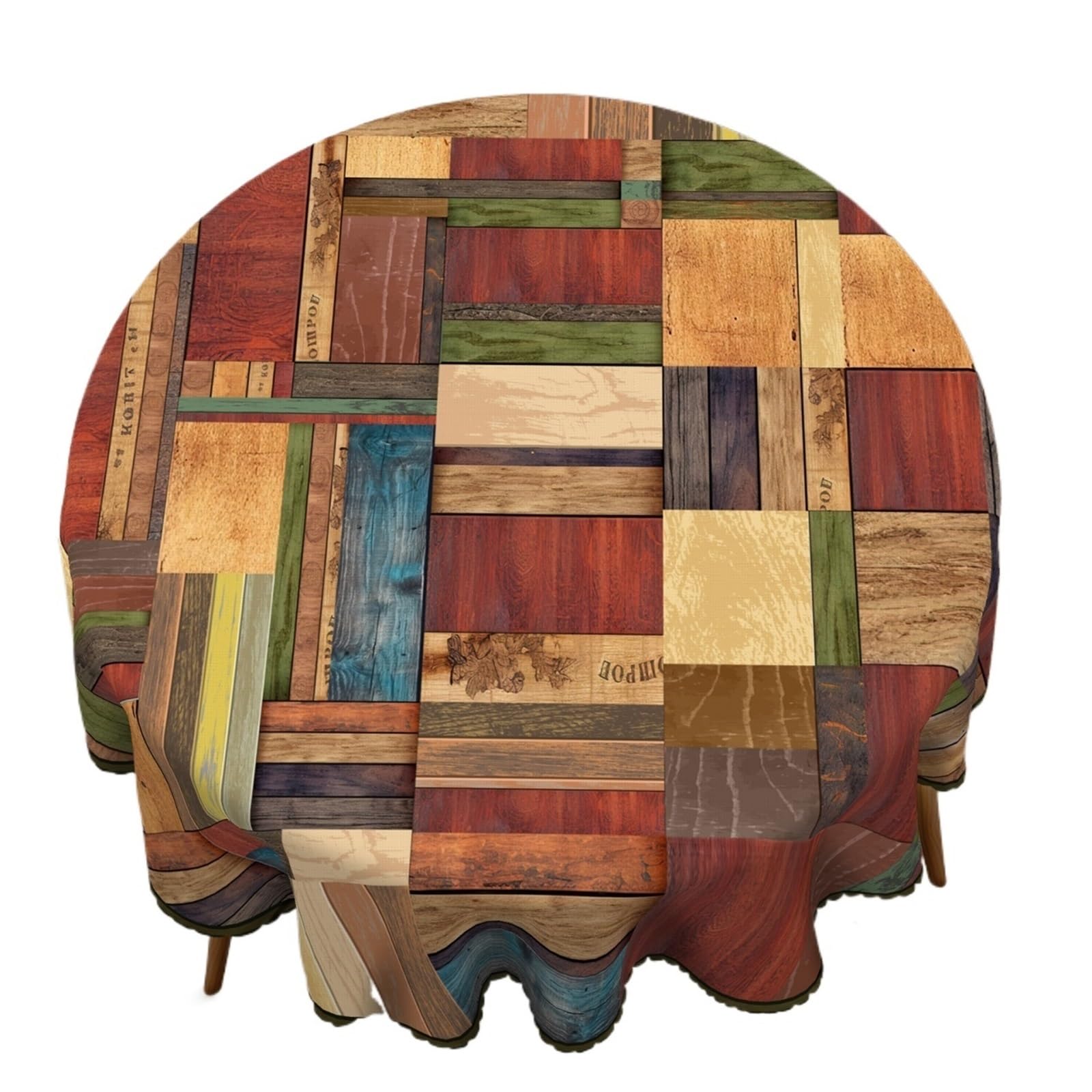 FOAAXSG Tablecloth 1 Piece Vintage Wood Plank Tablecloth with 4 Stickers, Polyester Embossed Edge Cover for Home Kitchen Dining Party Picnic, All Seasons(Round-152X152Cm)