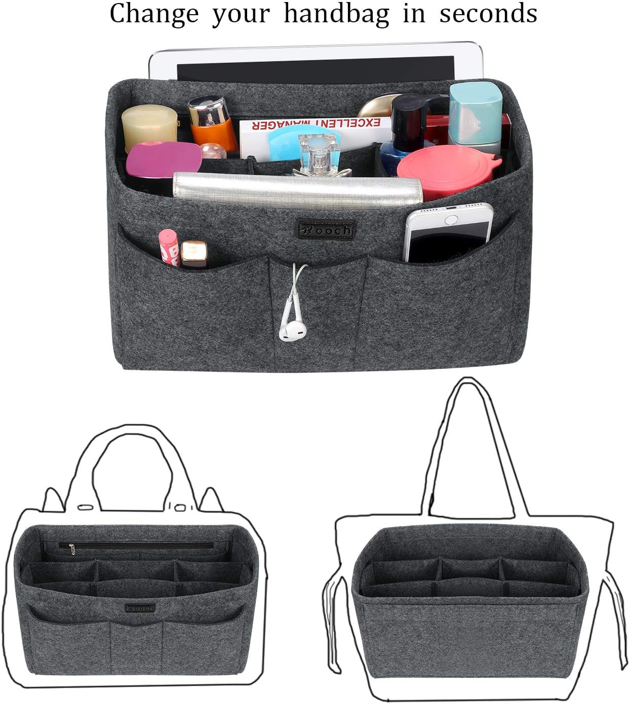 Organizador de Bolso de Fieltro, Multi-Bolsillo Organizador Bolso Insertar Bag in Bag Bolso Cosmético para Mujer