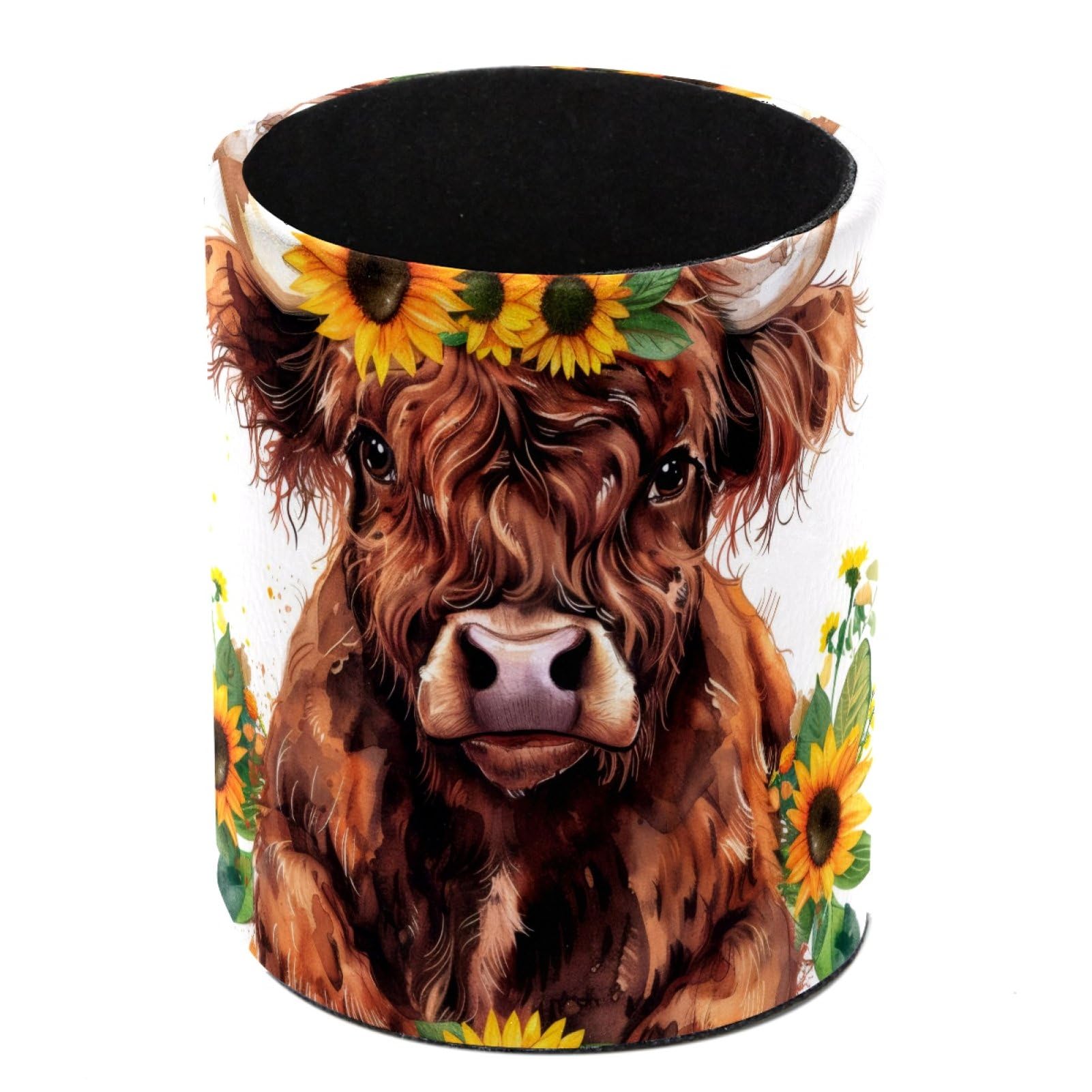 FWJZDSP Pencil Holder for Desk, Cow and Sunflower Pen Cup Makeup Brush Holder, Leather Desktop Organizer Storage Case Stationery for School Home Office Supplies
