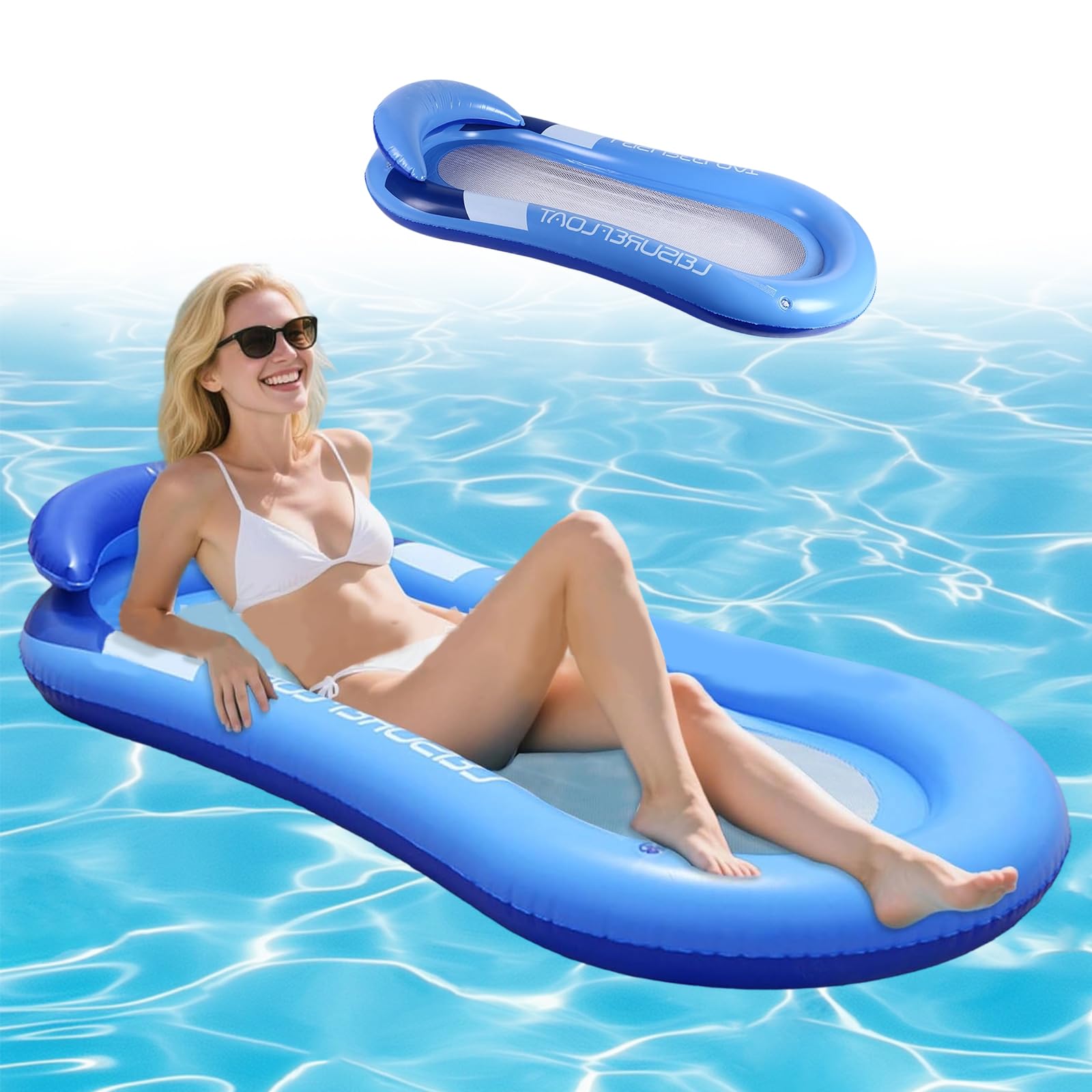 Amaca ad acqua con rete, lettino gonfiabile con poggiatesta, materasso ad aria per piscina per adulti, 150 x 70 cm, lettino da piscina per adulti, per piscina, lago e spiaggia, accessorio per piscina