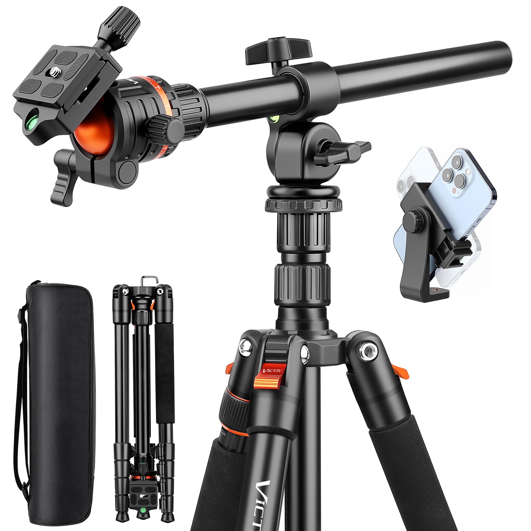 Victiv 256 cm Aluminium Camera Stand, 2-in-1 Tripod Monopod with 360° Panoramic Ball Head, Horizontal Overhead Camera Stand for Video Shooting, Compatible with DSLR Canon Nikon Sony iPhone, Android-image-48