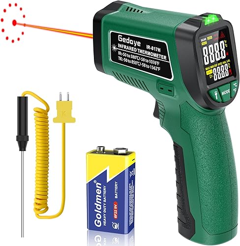 Termómetro infrarrojo para cocinar, pistola de temperatura láser de superficie Gedaye con puntero láser 131, sonda de metal, emisividad ajustable,