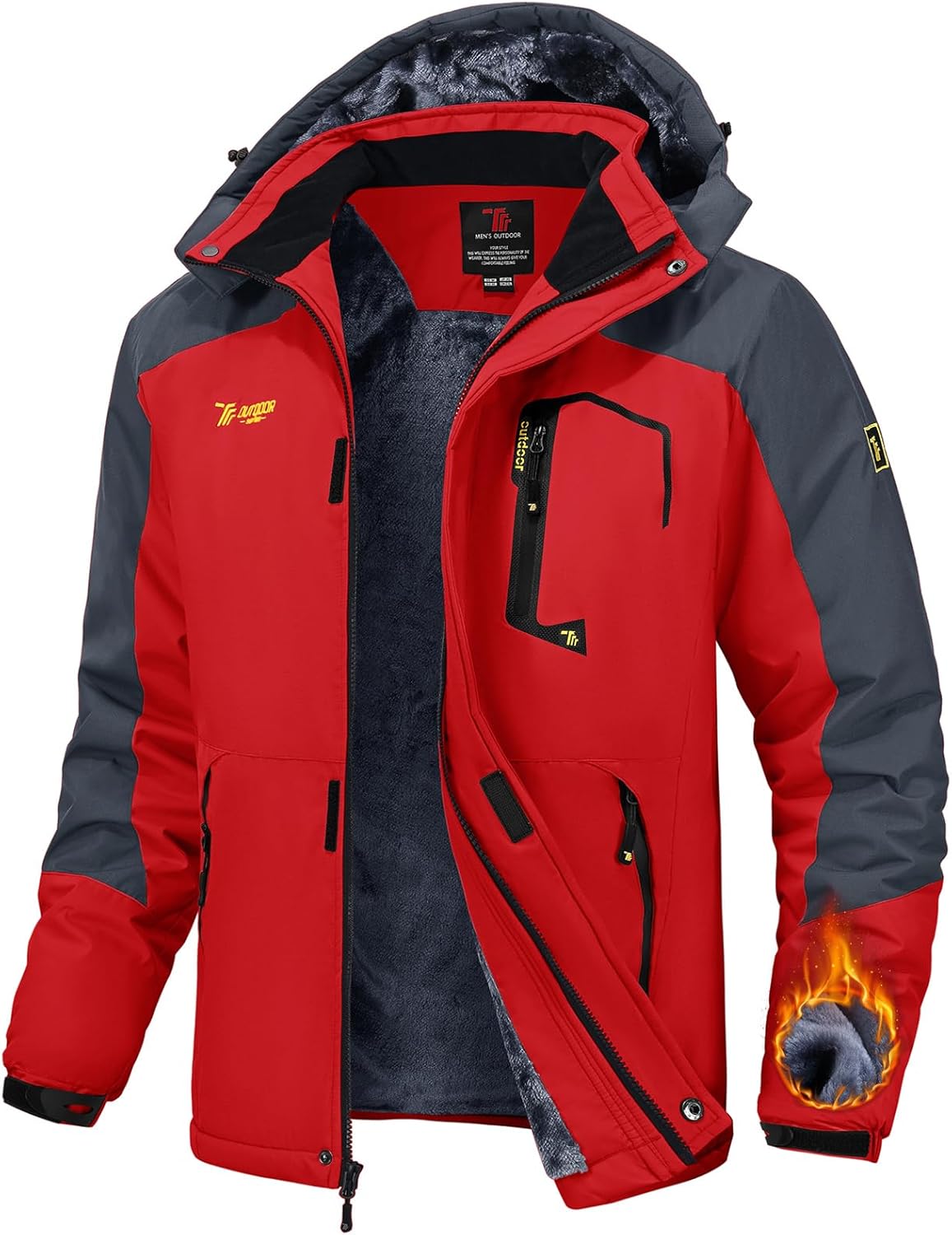 TBMPOY Men's Winter Jackets Skiing Waterproof Snow Thick Fleece Lined Hooded Utility Cold Weather Warm Outdoor Ice Work Medium Red - Image 1 of 6