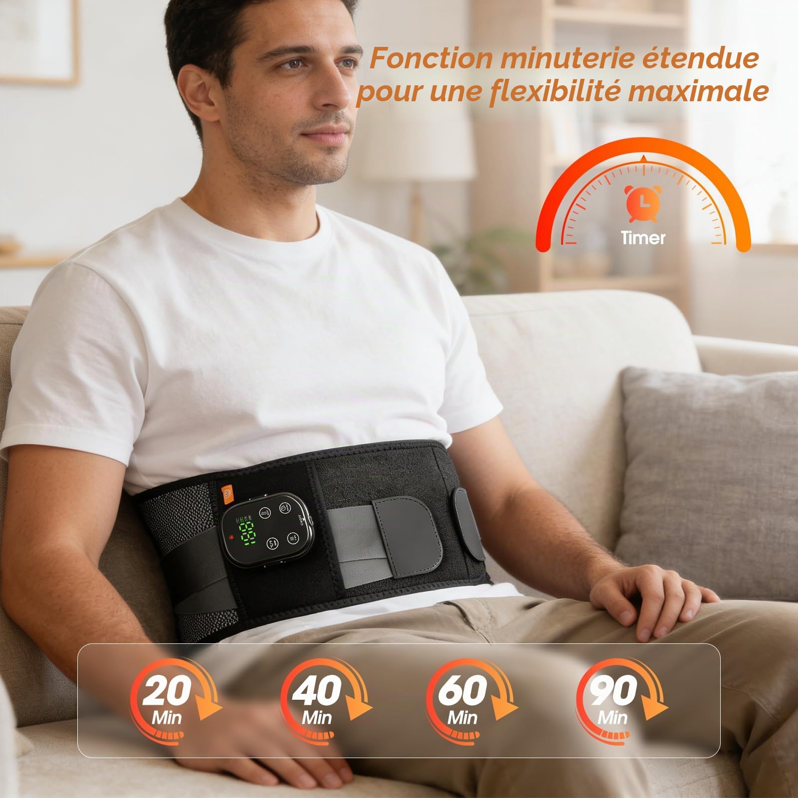 Ceinture chauffante dorsale avec application et bouton pression, batterie de 5000 mAh, ceinture chauffante sans fil, avec 7 niveaux de chaleur et 7 niveaux de vibration, bandage dorsal, coussin