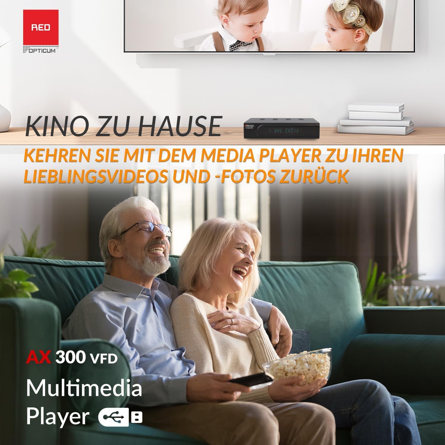 RED OPTICUM AX 300 VFD Sat Receiver mit PVR I Digitaler Satelliten-Receiver HD mit alphanumerischem Display - DVB-S2 - HDMI - SCART - USB 2.0 - Coaxial Audio I 12V Netzteil ideal für Camping