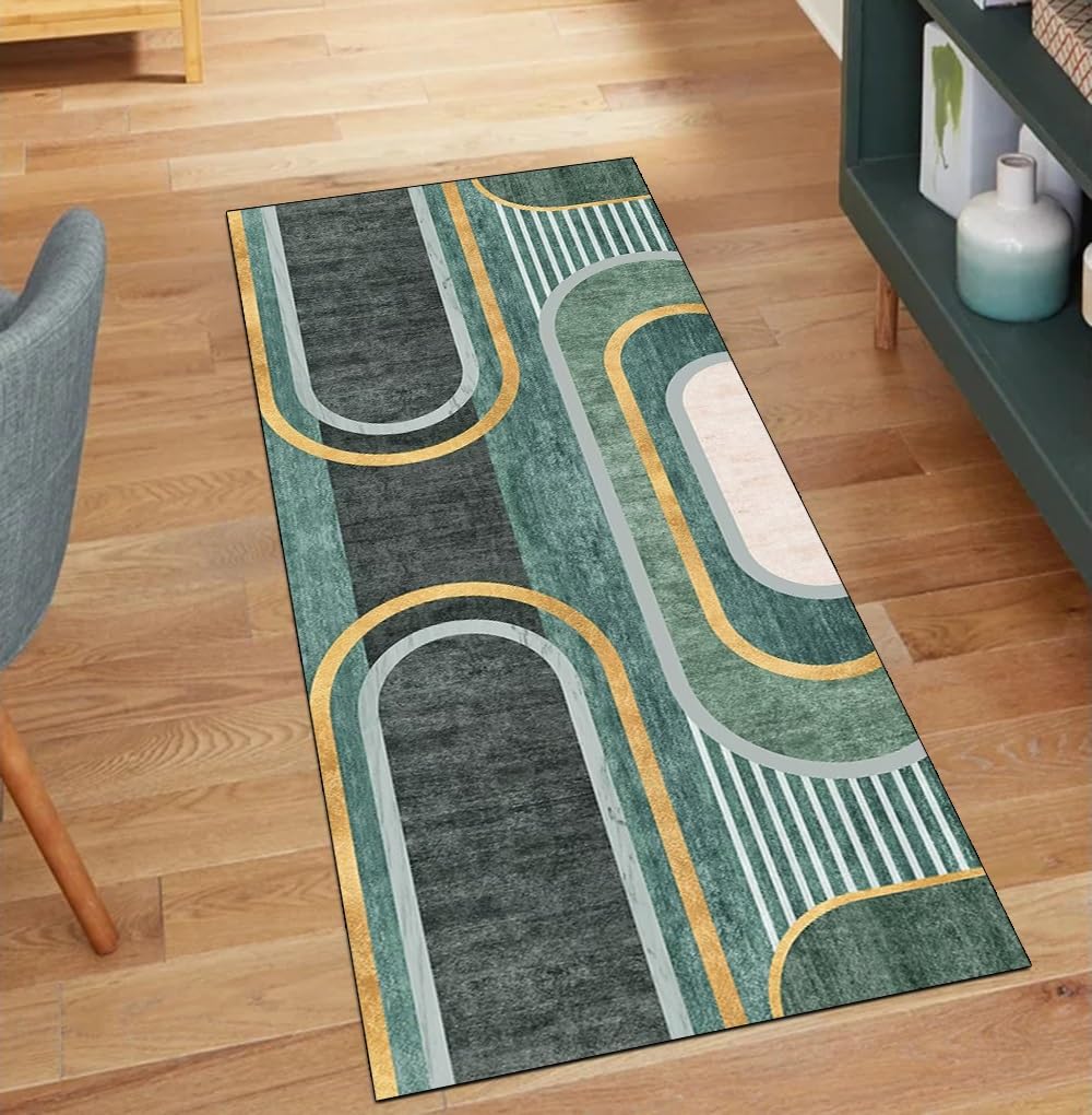 Alfombra de pasillo de 80 x 220 cm verde y moderna con base antideslizante lavable