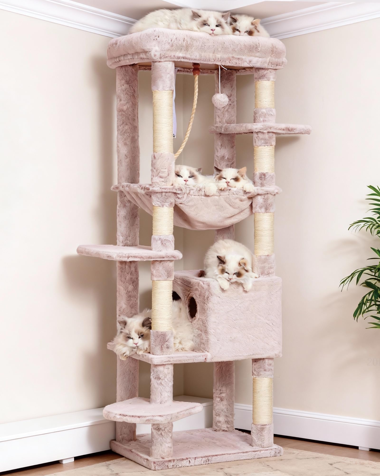 Heybly Kratzbaum, mit Decken, für große Katze, Katzenbaum, große Plattformen, Höhle, 50 x 50 x 153cm
