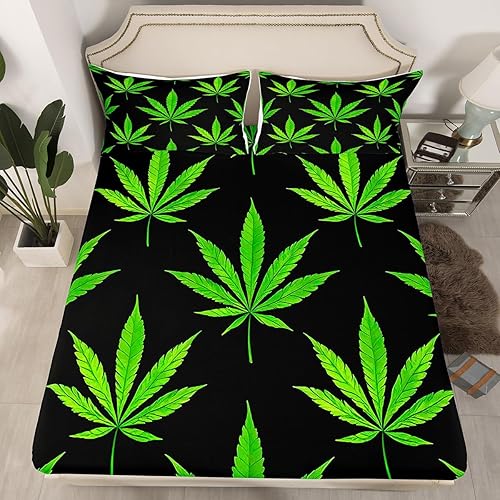 Erosebridal Sábana bajera ajustable de hojas de marihuana, sábana bajera de hojas de cannabis para adultos, juego de ropa de cama rústica de hojas