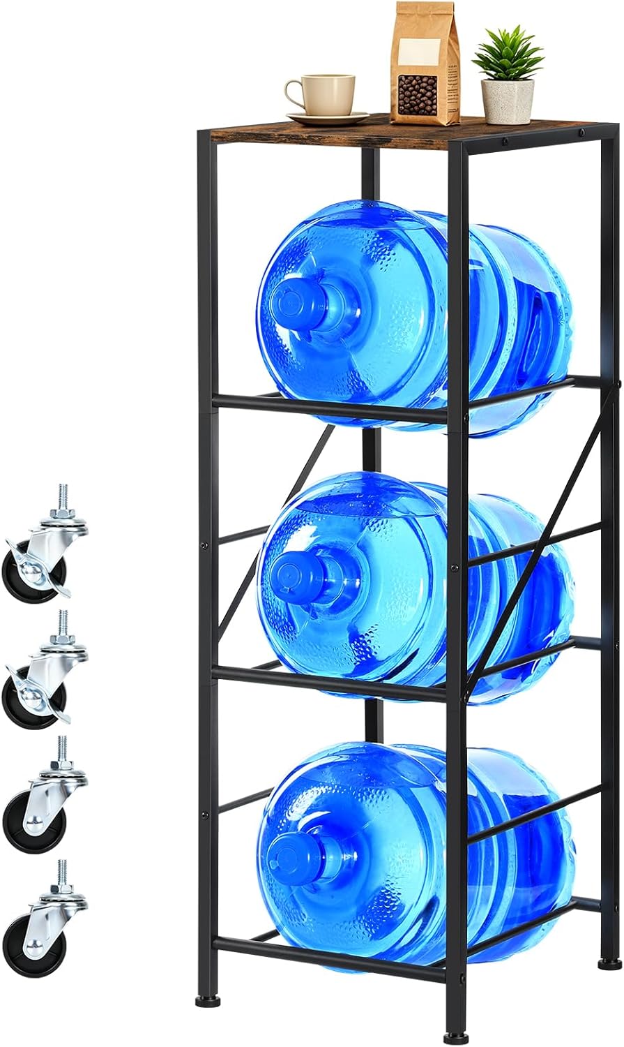 5 Gallon Water Jug Holder, 3 Tier Water Gallon Holder, Water Jug Stand with Shelf, for Kitchen, Office, Living Room, Rustic Brown and Black