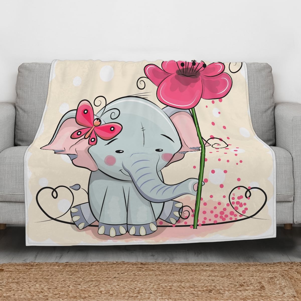 Superweiche Fleecedecke Mit Elefant & Sonnenblume – Wendbar, Gemütlich Für Couch, Bett & Reisen