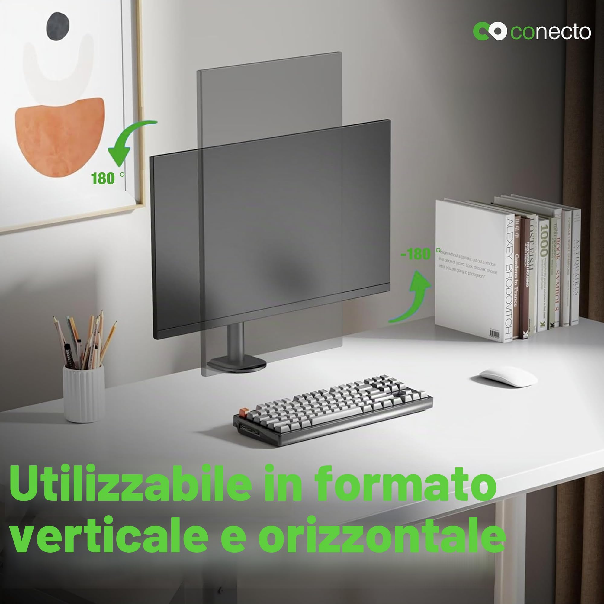 conecto Supporto per monitor regolabile in altezza per 1 schermo da 17 a 32 pollici, inclinabile e orientabile, VESA 75 e 100, supporto da tavolo, supporto per schermo, nero